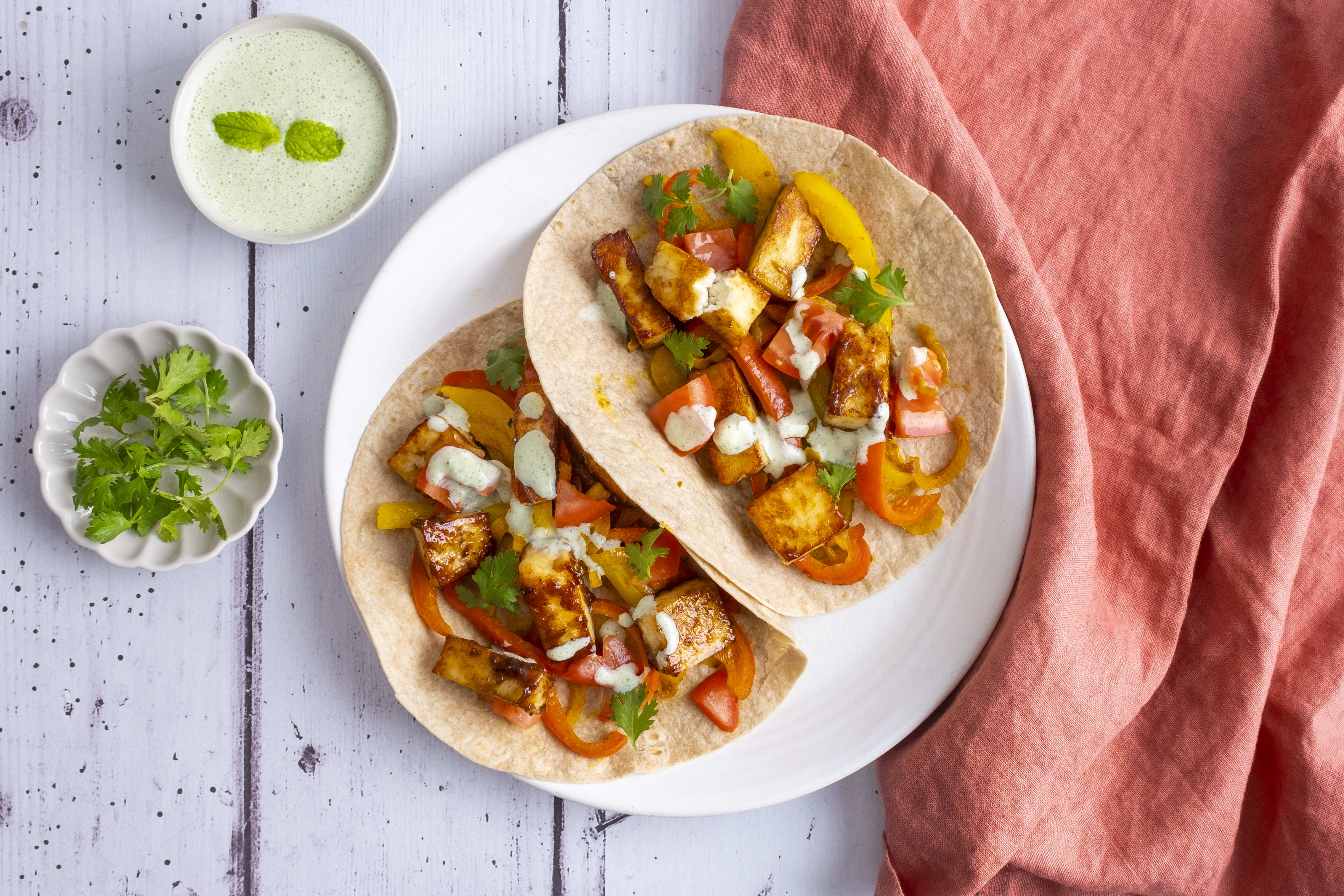 Paneer Fajitas with Tandoori Peppers and Mint Raita | Hello Chef!