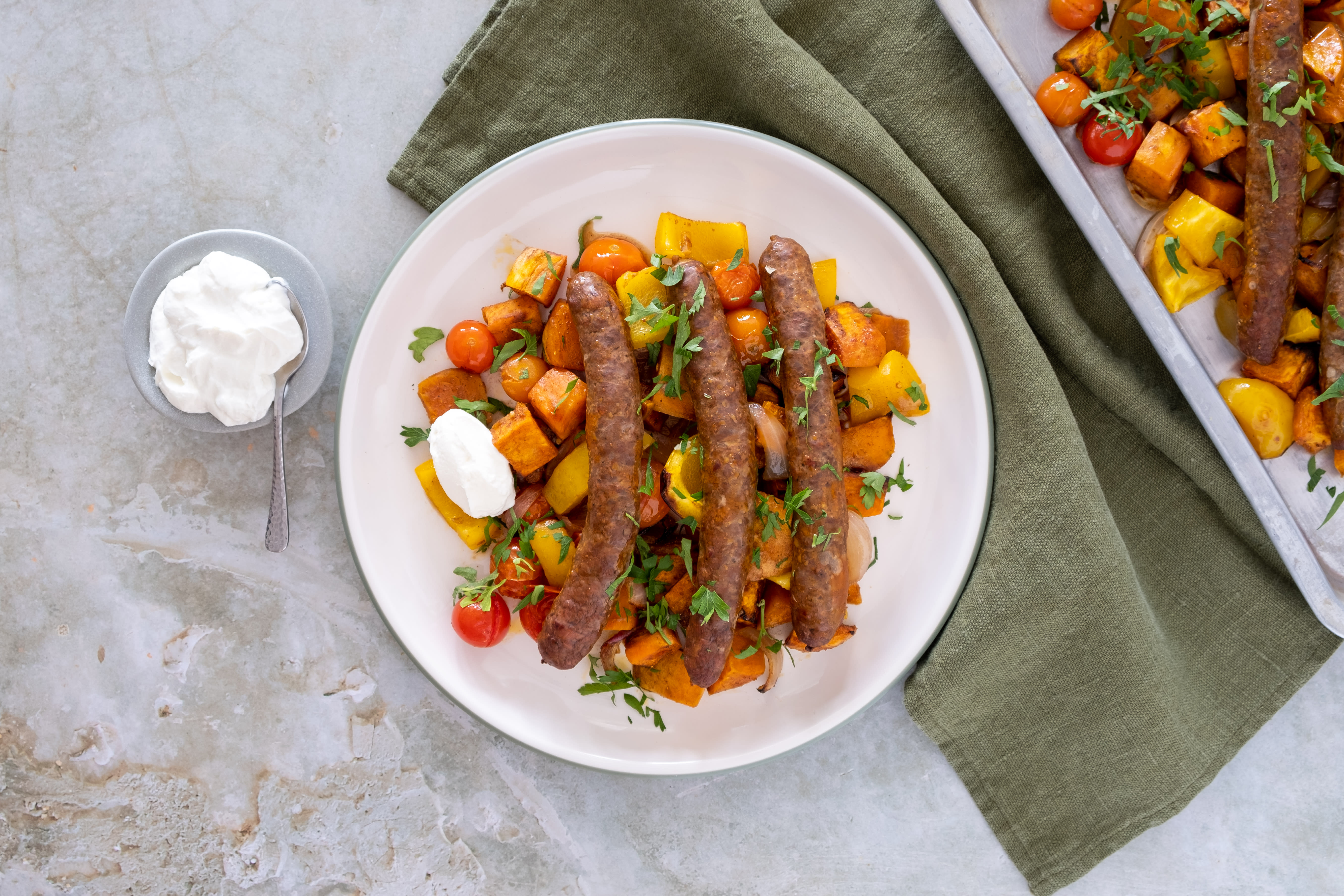 Spicy Merguez Sausages with Sweet Potato Traybake Hello Chef!