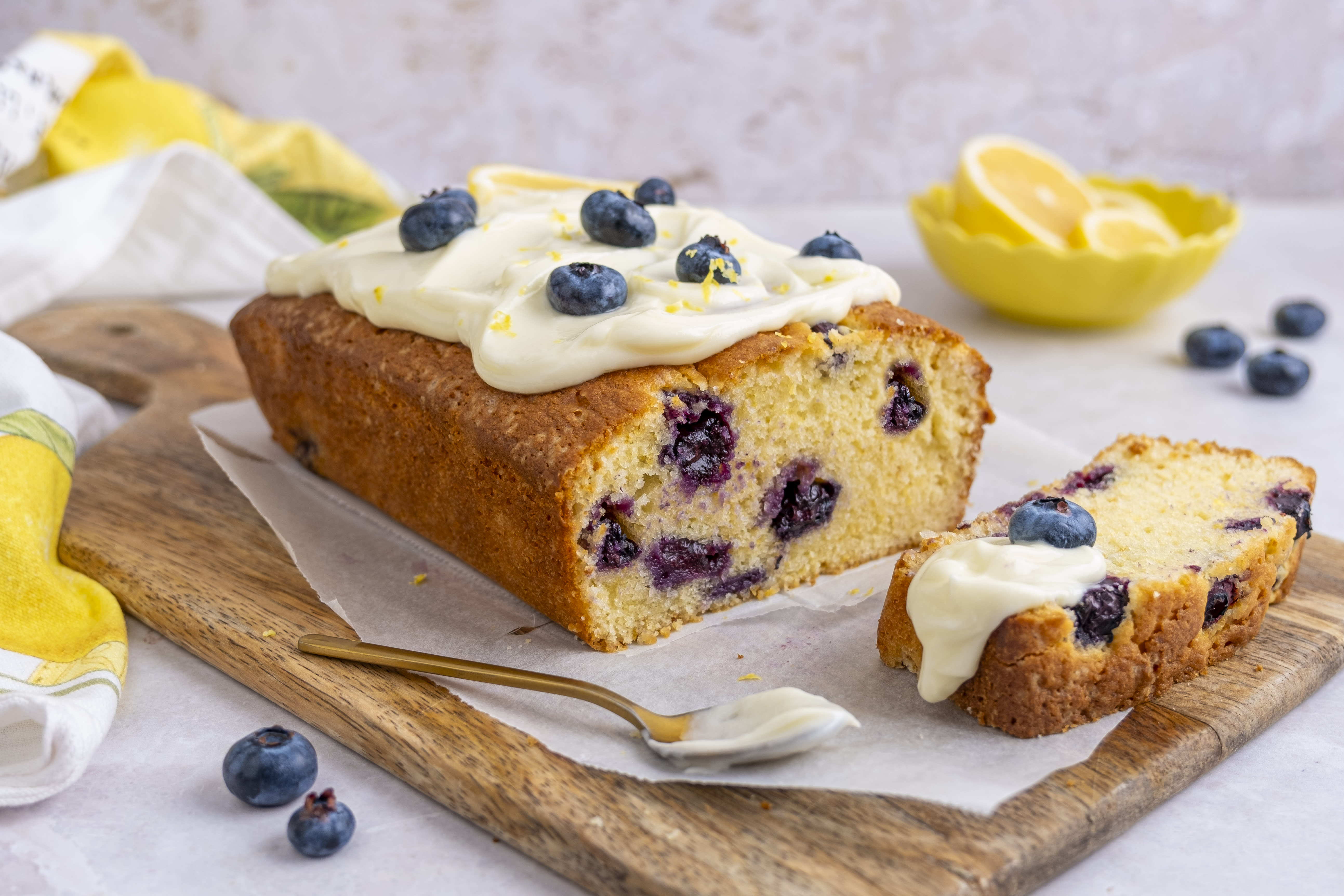 Lemon and Blueberry Loaf Cake with Cream Cheese Drizzle | Hello Chef!