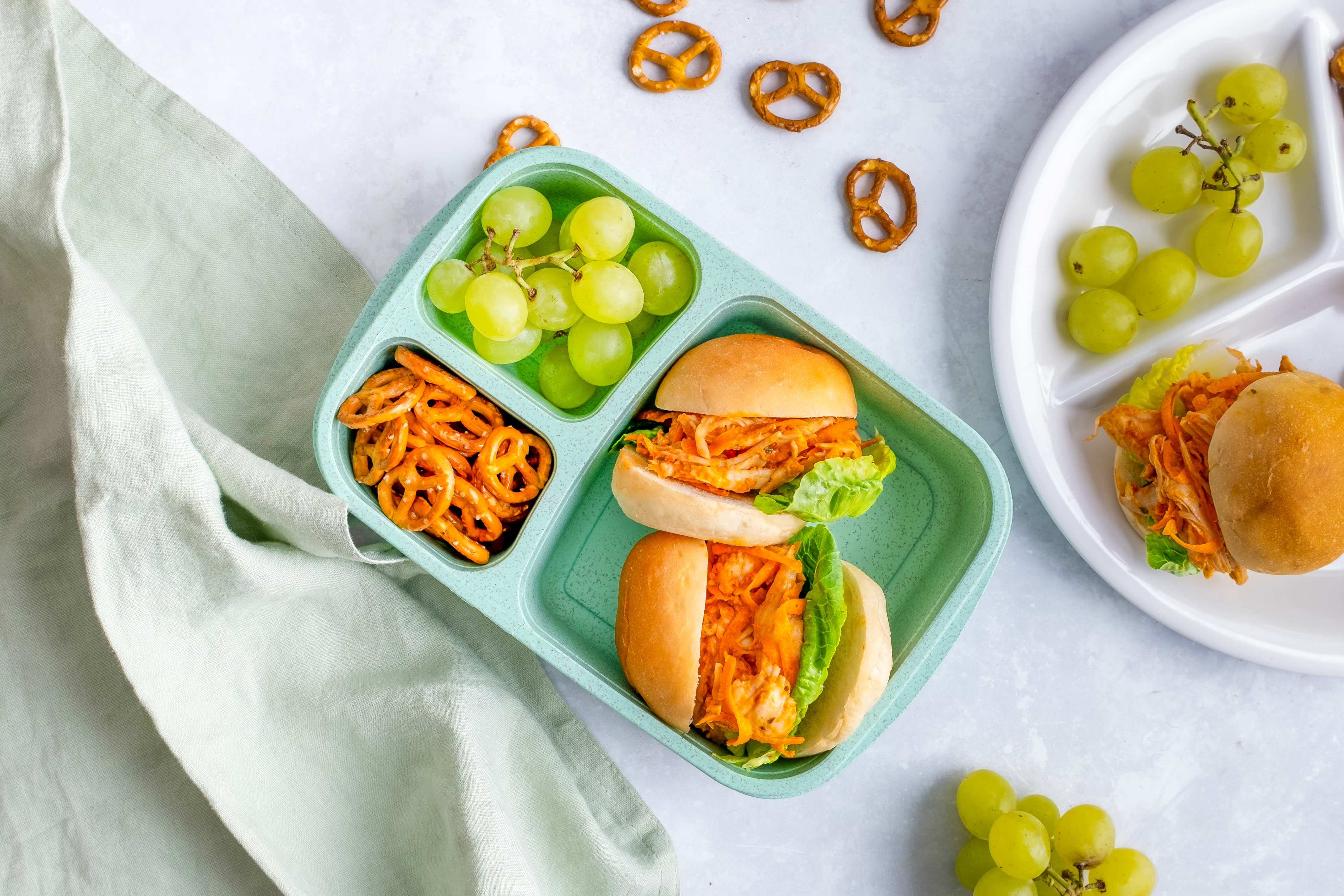 Red Pesto Chicken Roll with Pretzels and Green Grapes