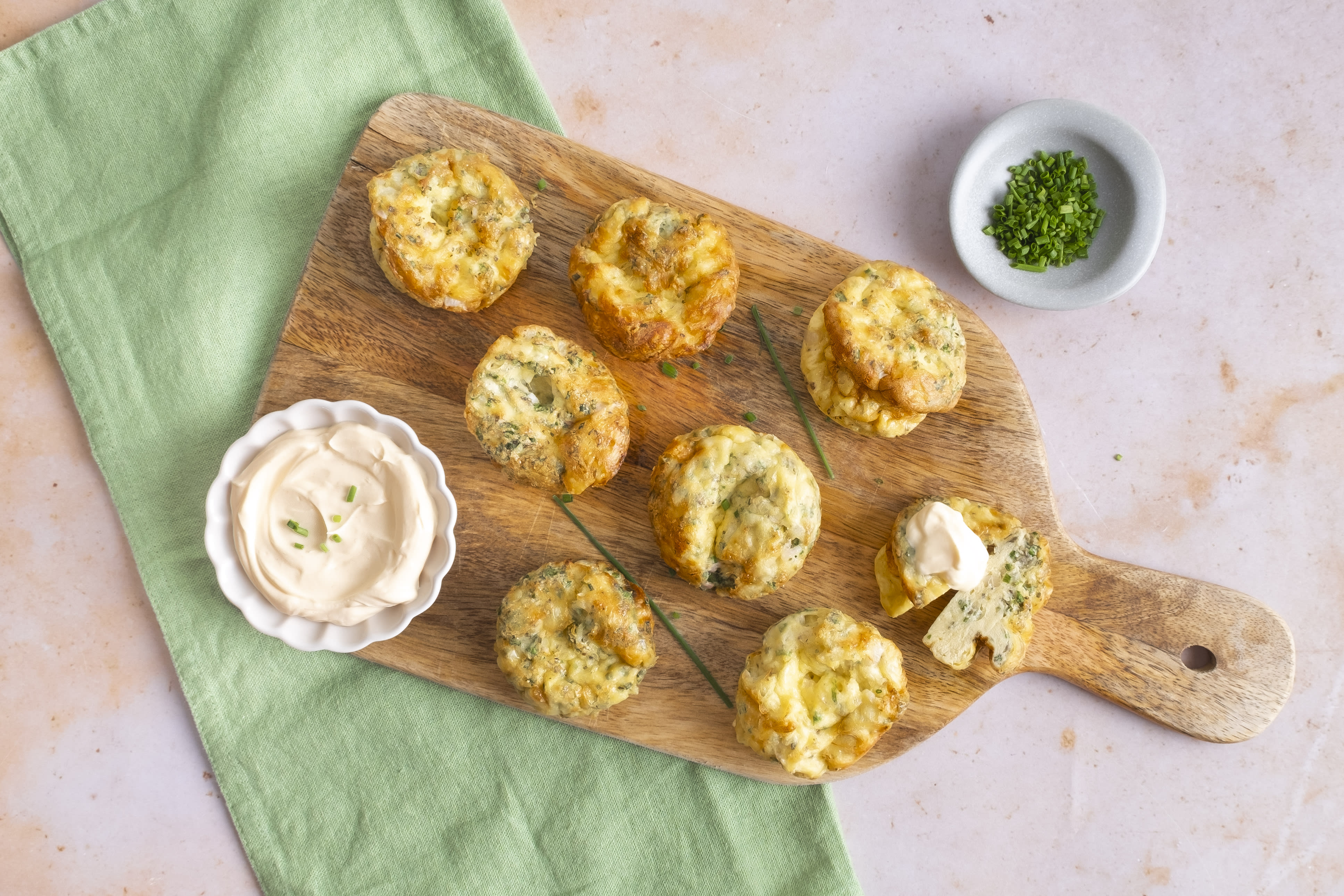 Prep Ahead Mature Cheddar and Herb Frittatas with Sour Cream Dressing | Hello Chef!