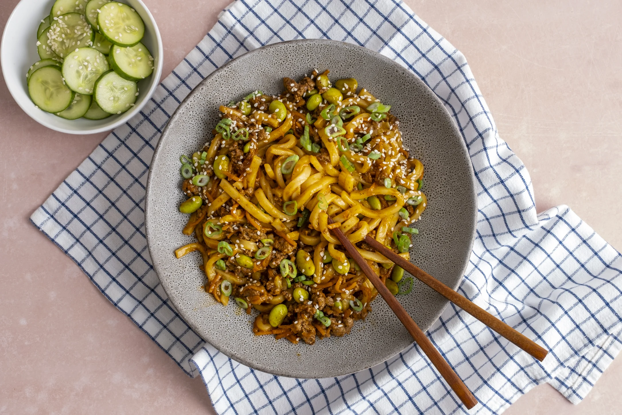 Express: Spicy Gochujang Beef Udon Noodles with Pickled Cucumber Salad