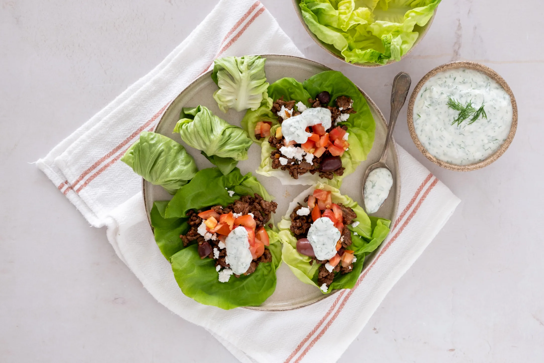 Greek Beef and Feta Lettuce Cups with Dill Yogurt