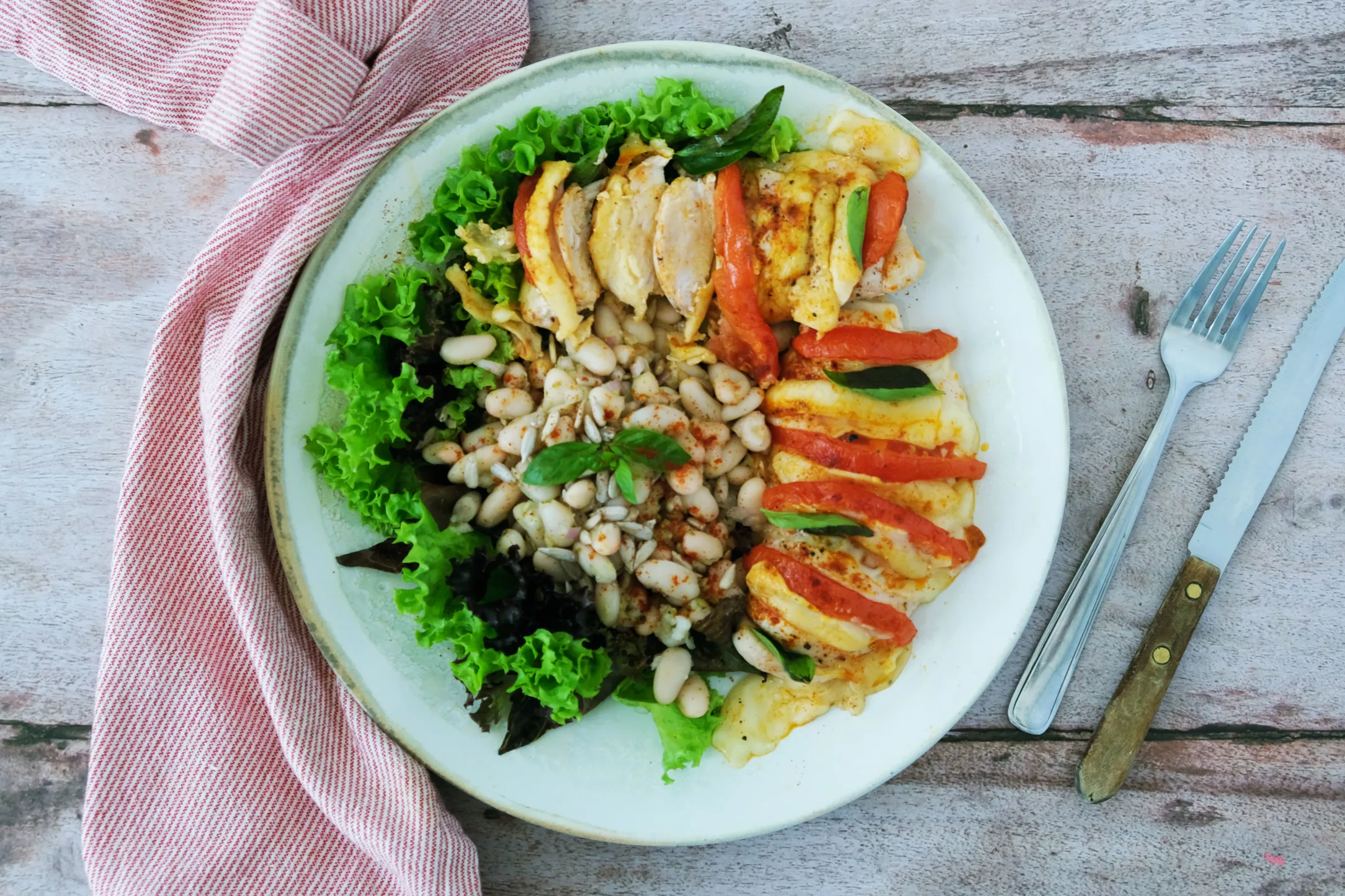 Hasselback Chicken with Pesto Bean Salad