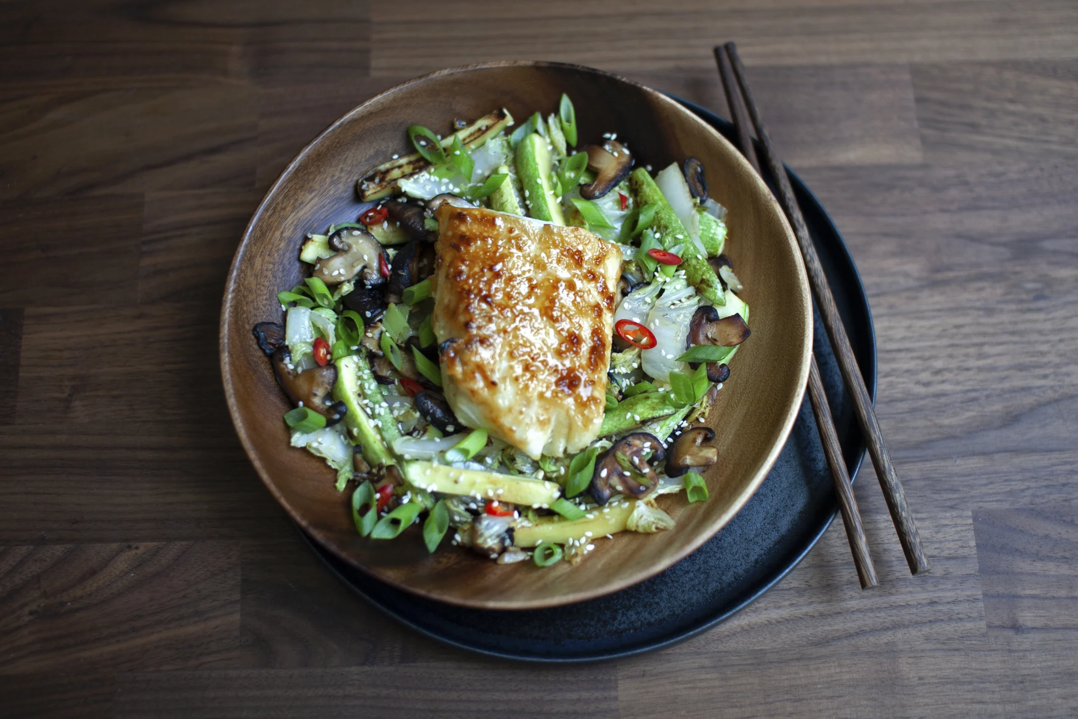 Miso Cod with Sesame Shiitake and Cabbage Stir-Fry