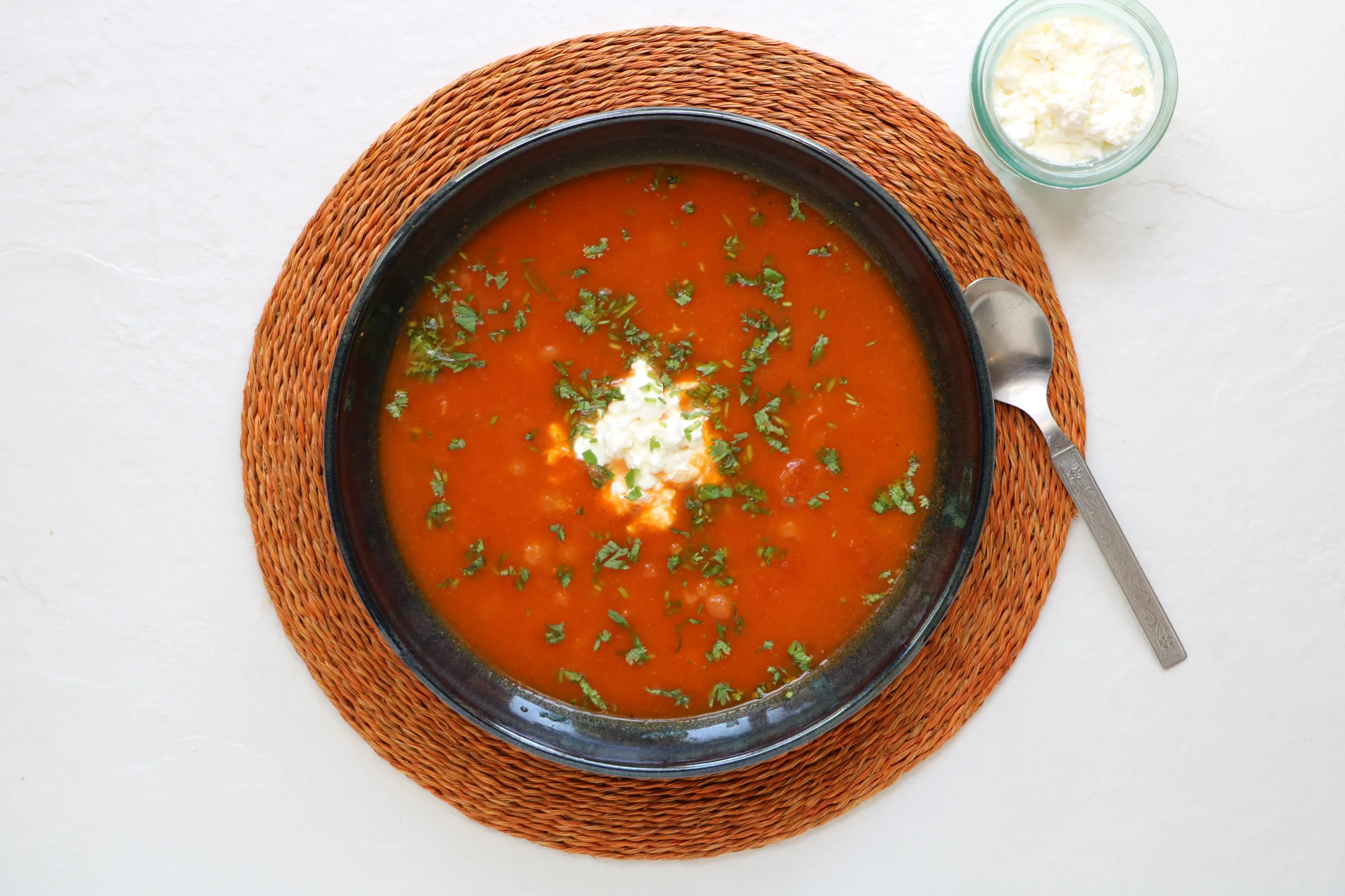 Tomato Chickpea Coconut Soup with Cottage Cheese