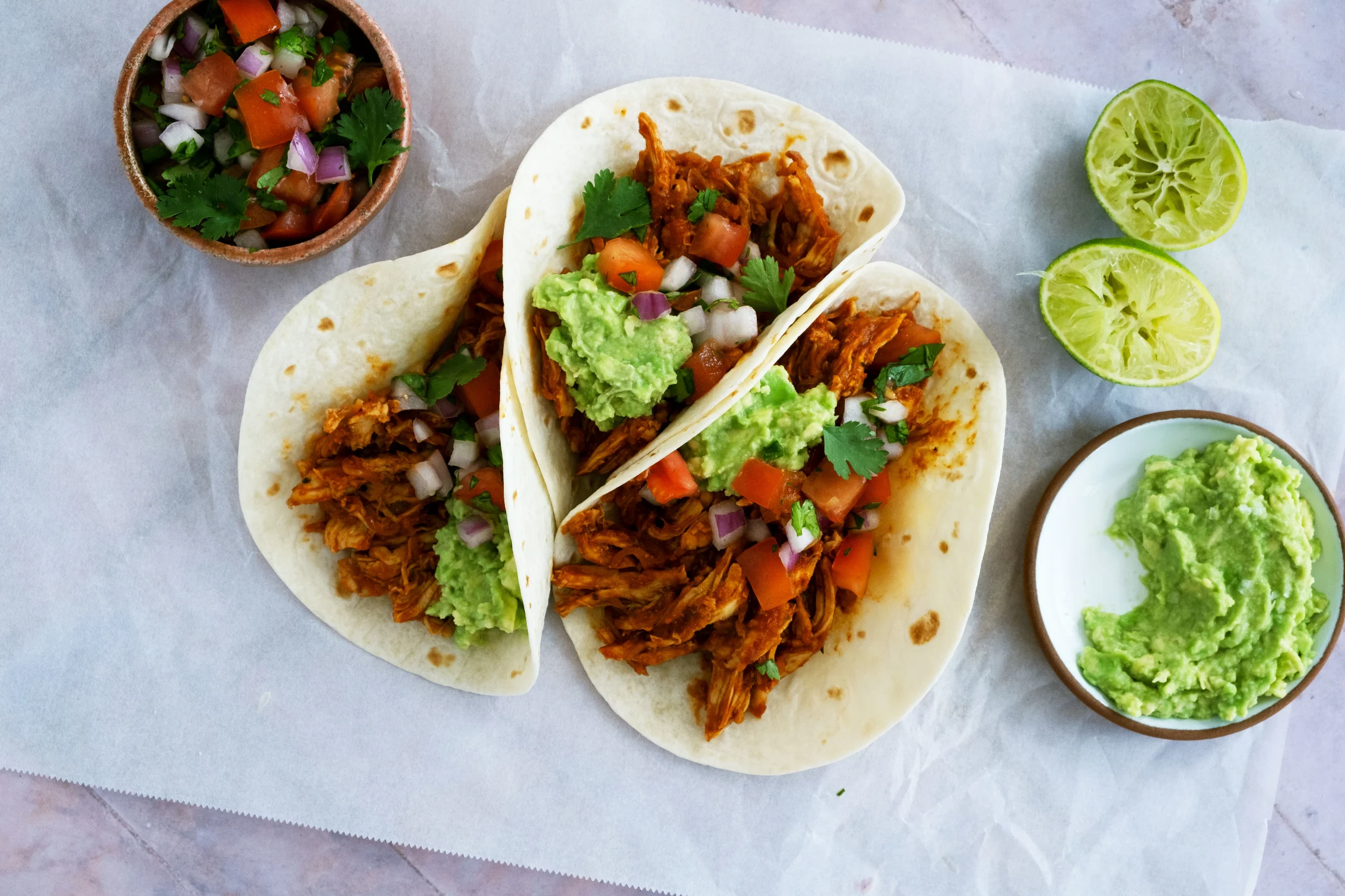 Chicken Tinga Tacos with Pico de Gallo and Guacamole