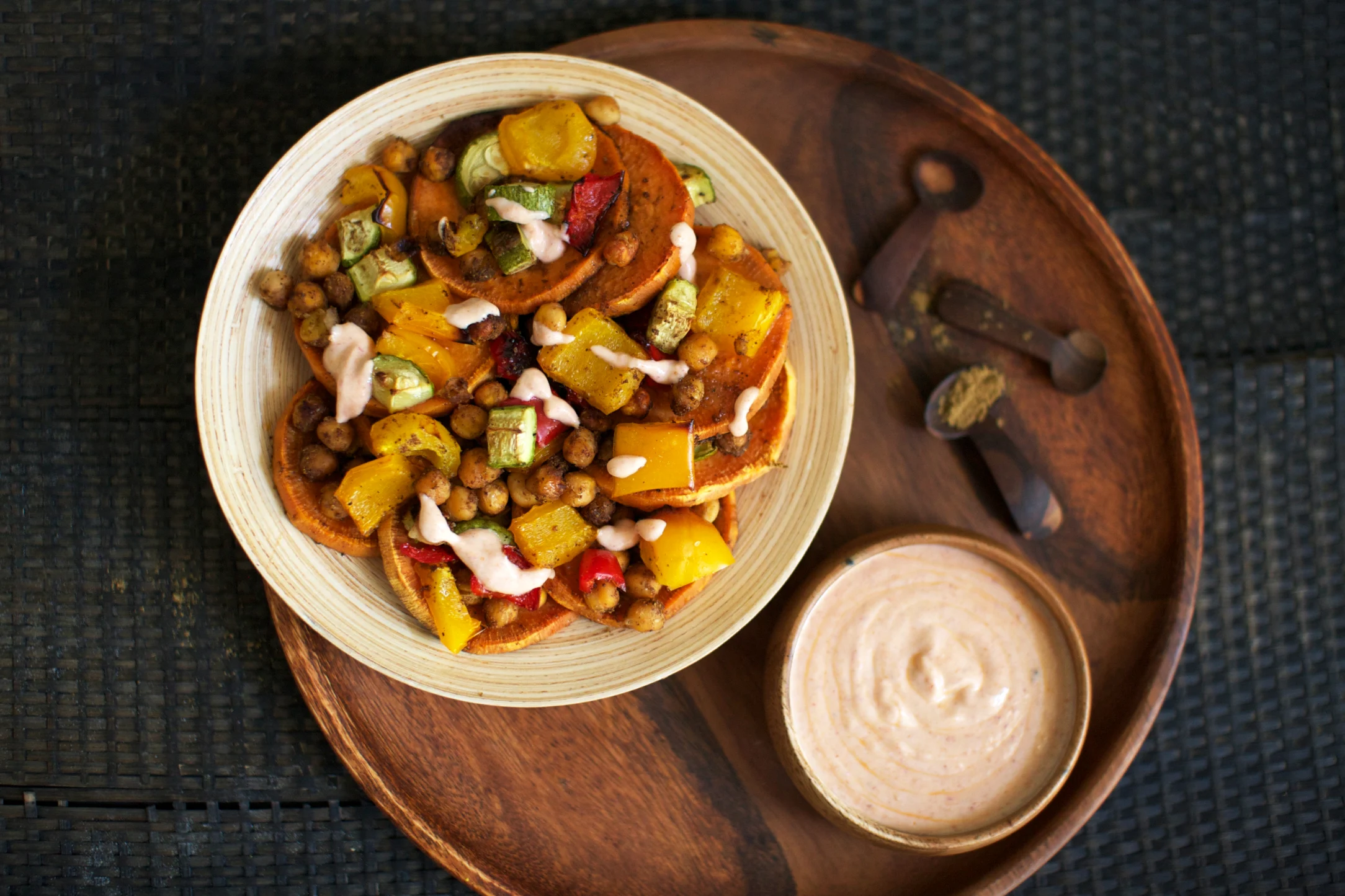Roasted Sweet Potato and Chickpea Salad with Harissa Yogurt Dressing