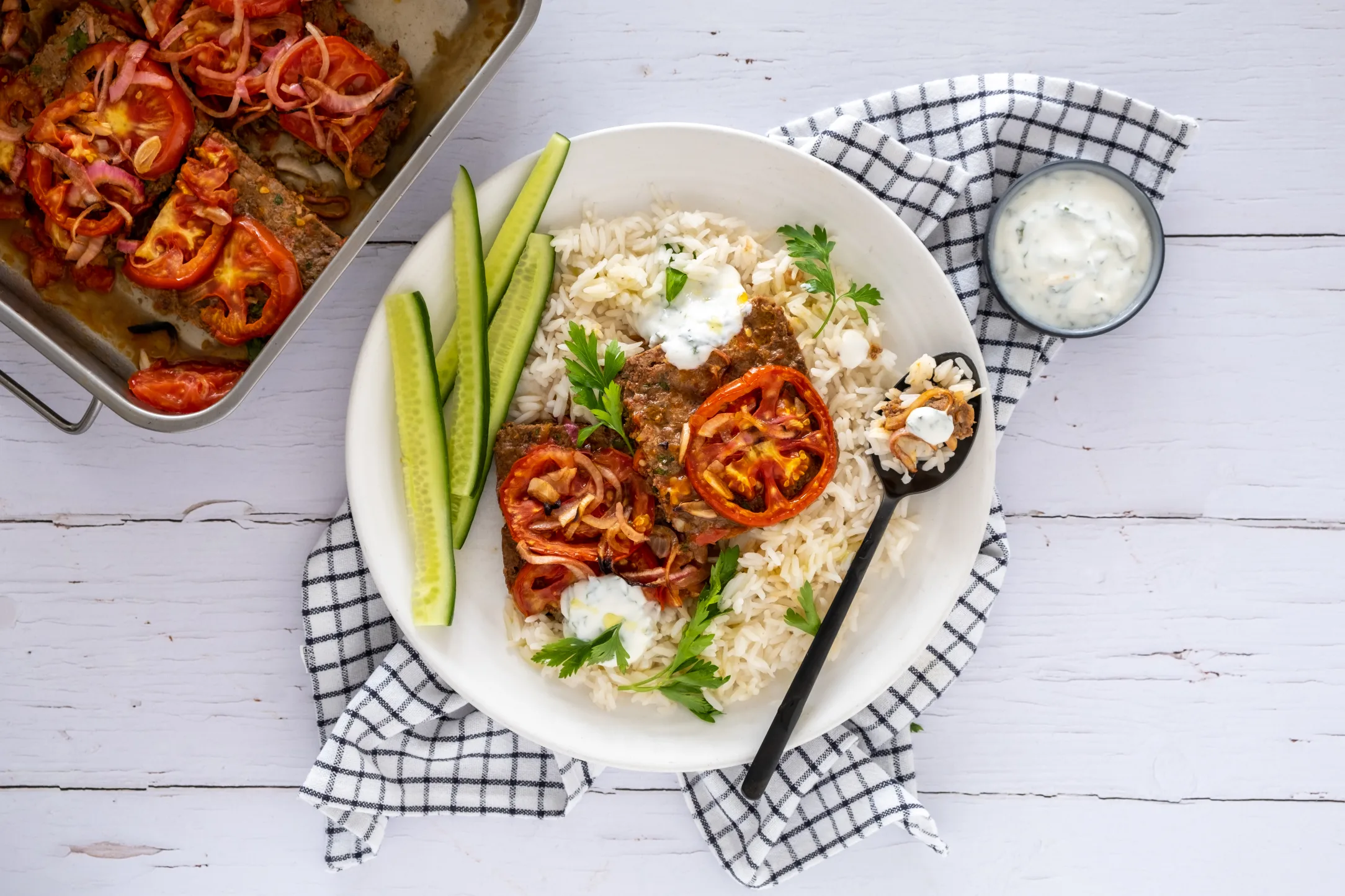One-Pan Baked Lamb Kofta and Tomatoes with Rice and Mint Yogurt