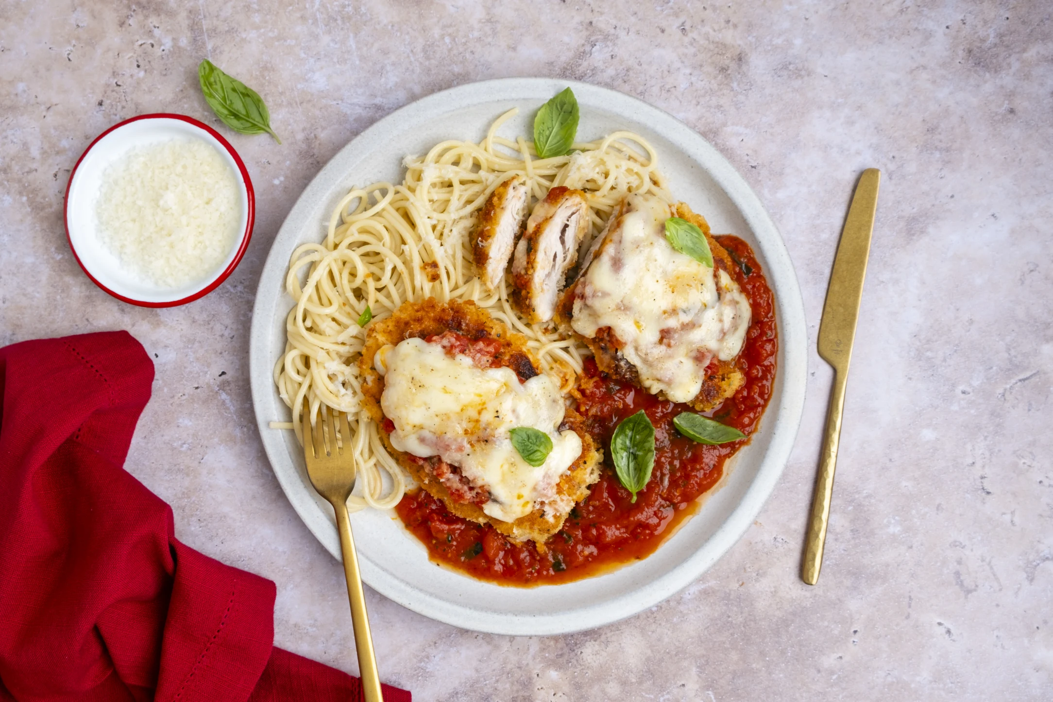Classic Chicken Parmigiana with Spaghetti and Marinara Sauce