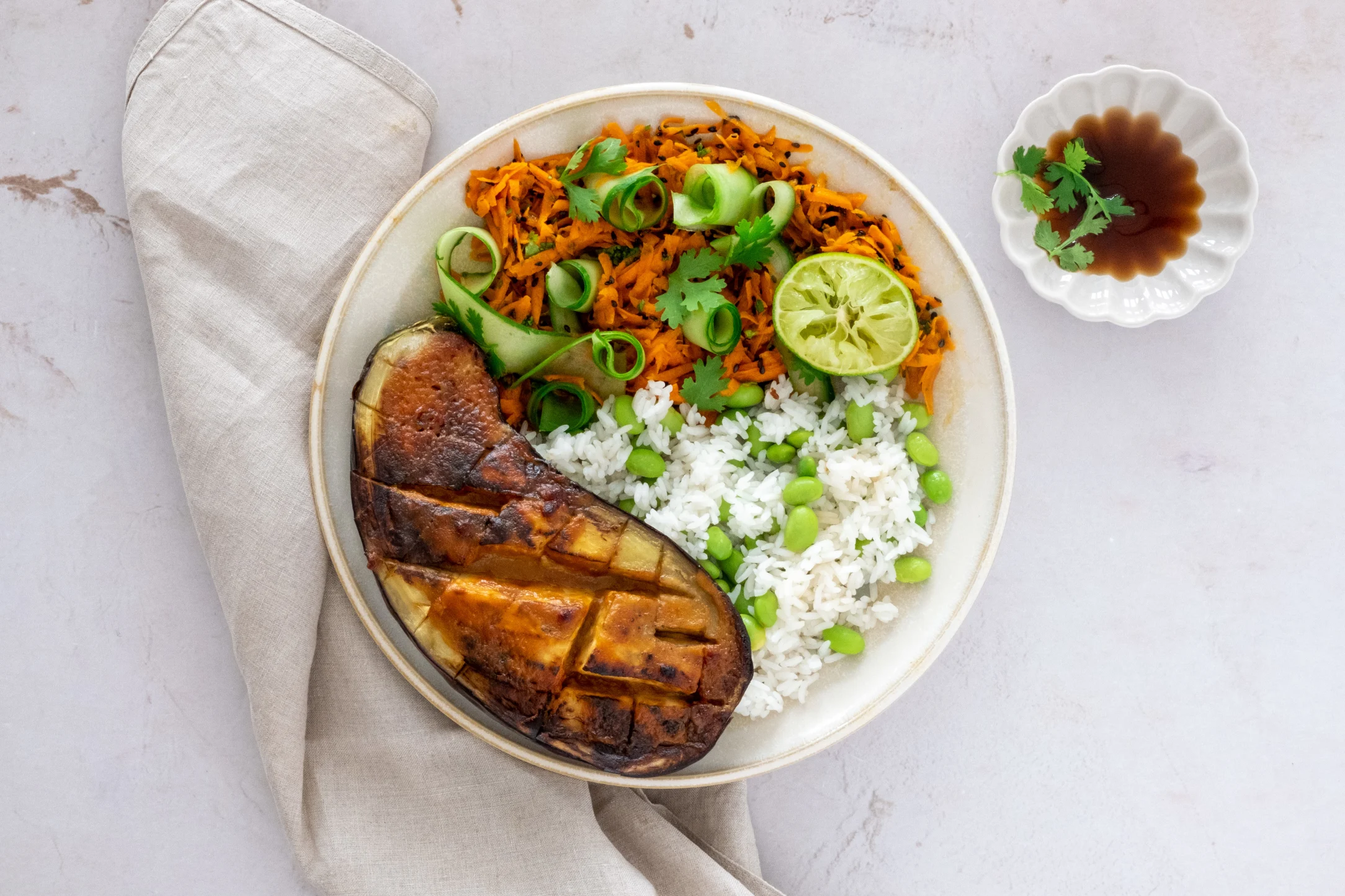 Japanese Miso Glazed Eggplants with Edamame Rice and Carrot Salad