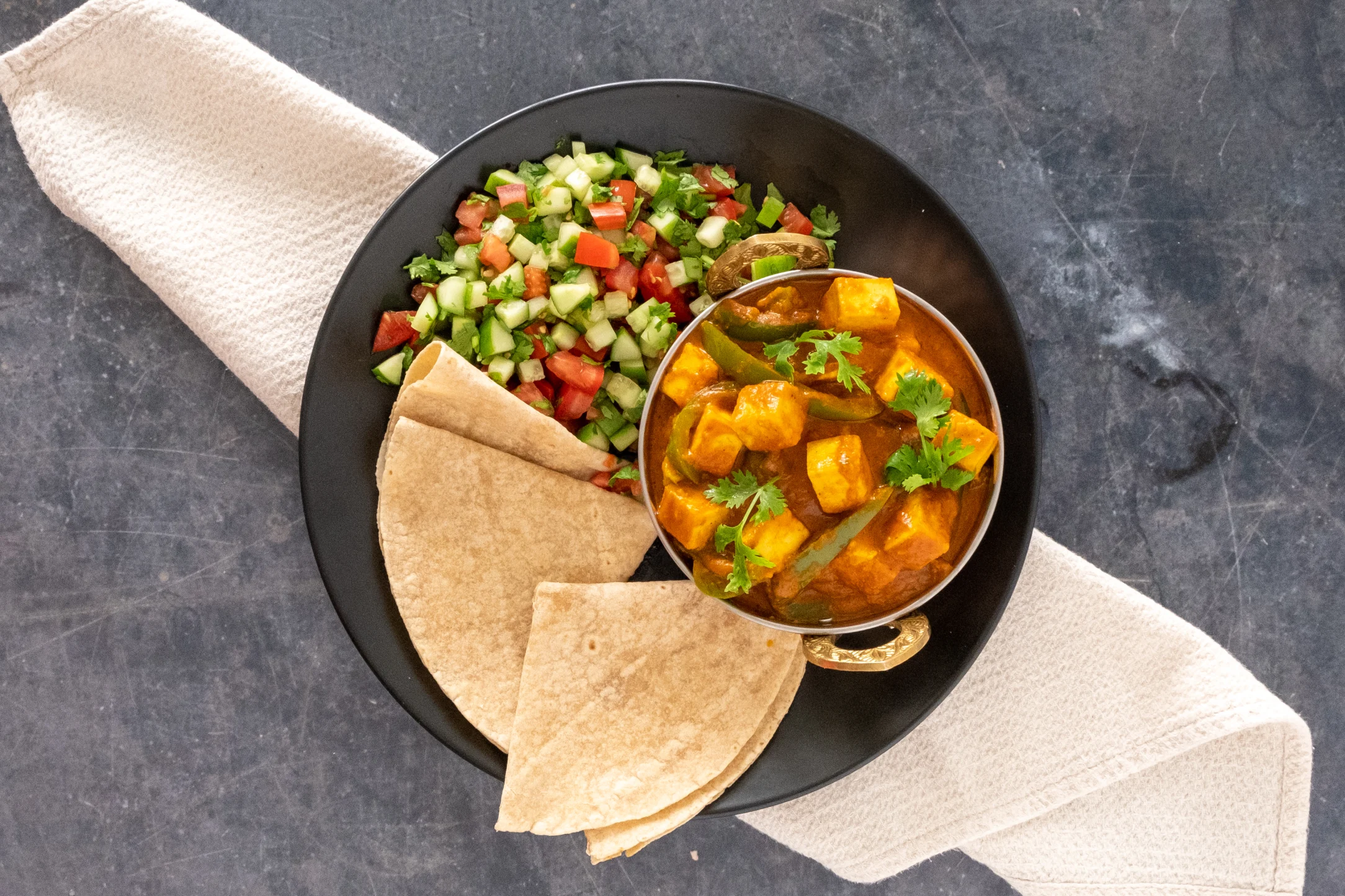 Hearty Paneer Jalfrezi Curry with Chapati and Kachumber