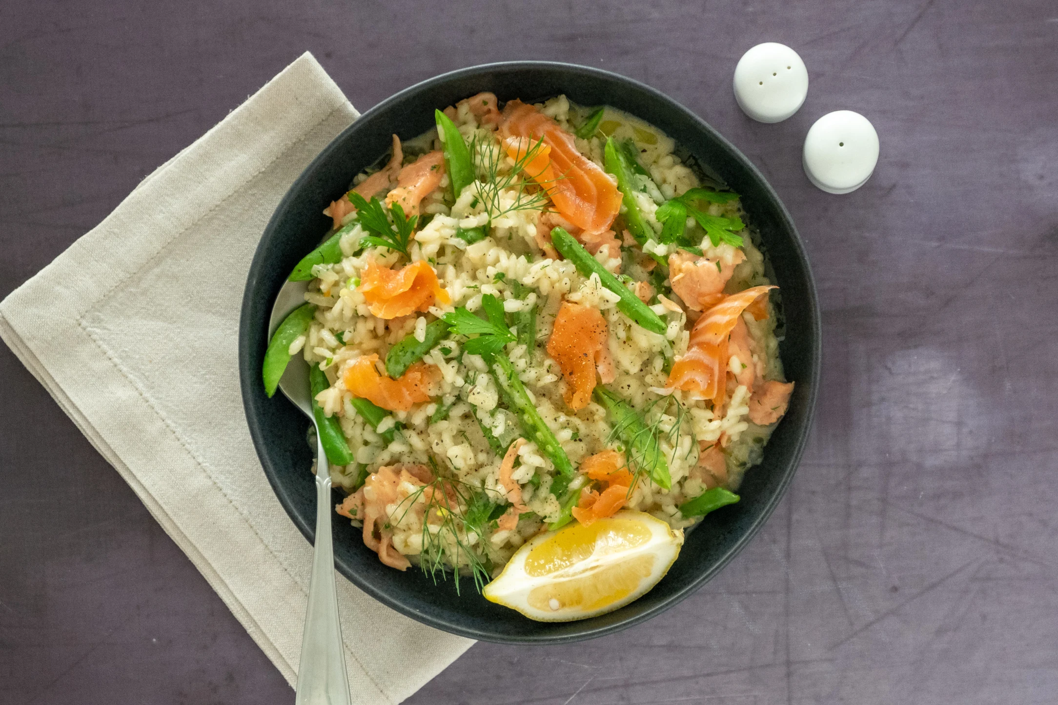 Smoked Salmon Risotto with Sugar Snap Peas