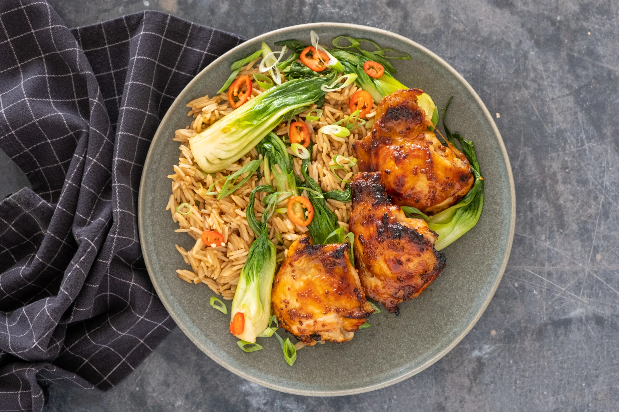 Chinese Sticky Chicken and Rice with Pak Choi