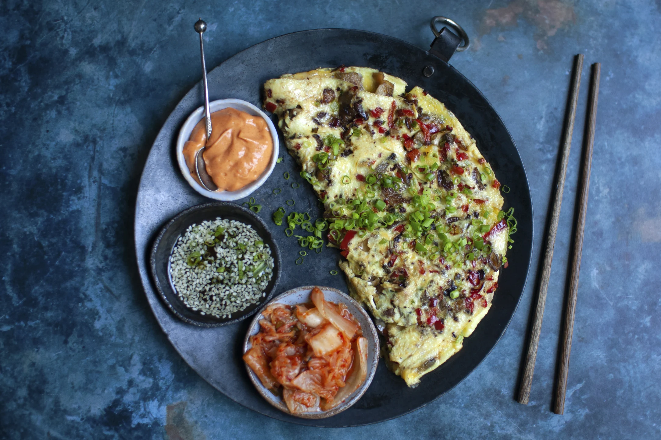 Korean Style Veggie Omelette with Kimchi and Gochujang Mayo
