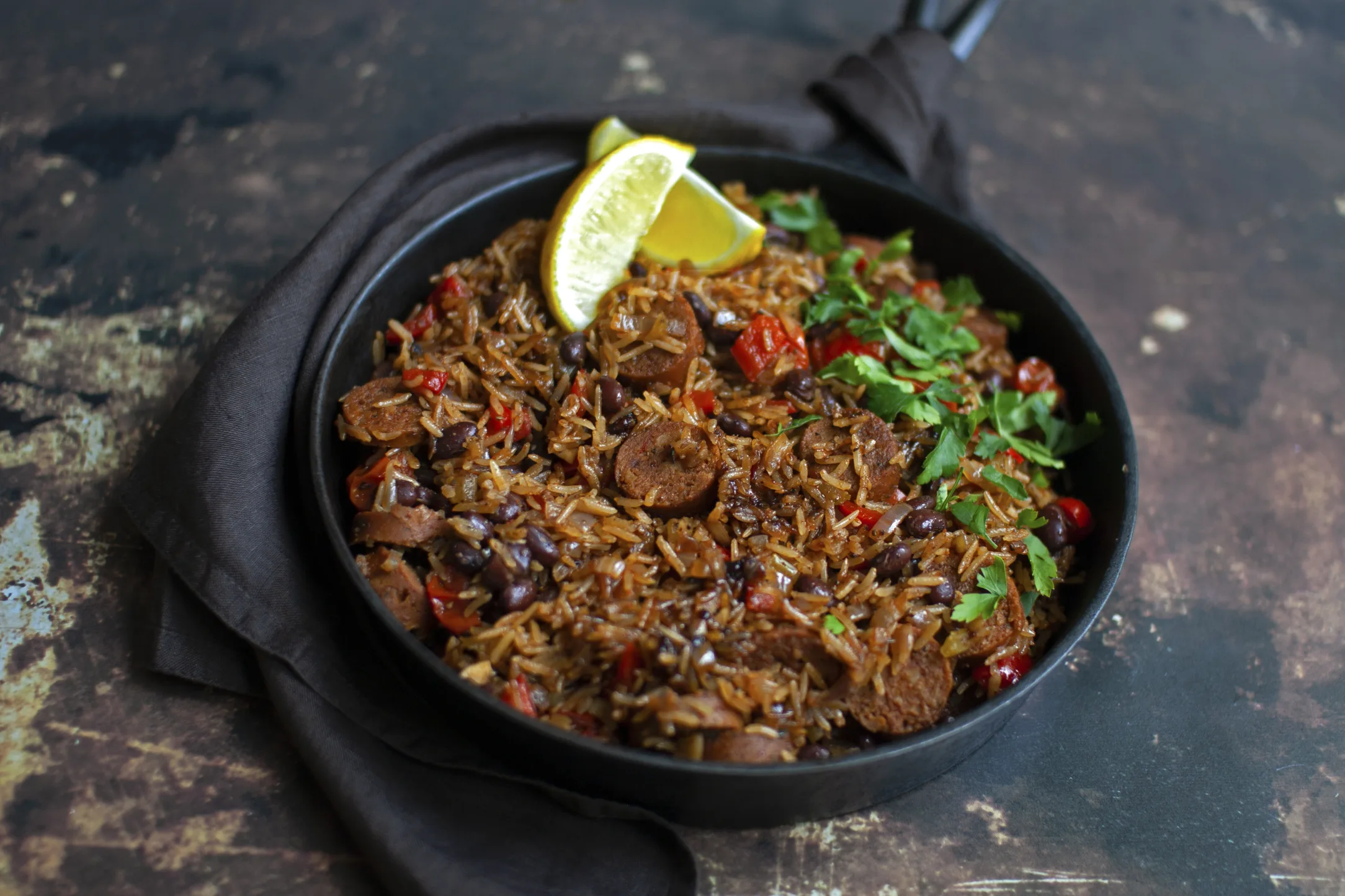 Vegan Spicy Sausage and Black Bean Jambalaya