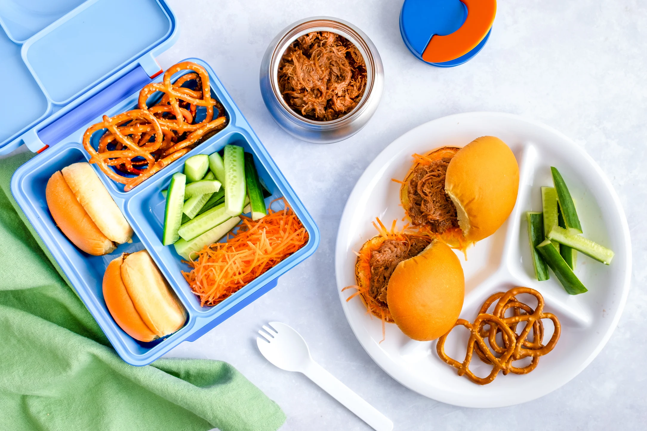 BBQ Pulled Beef Sliders with Cucumber and Pretzels