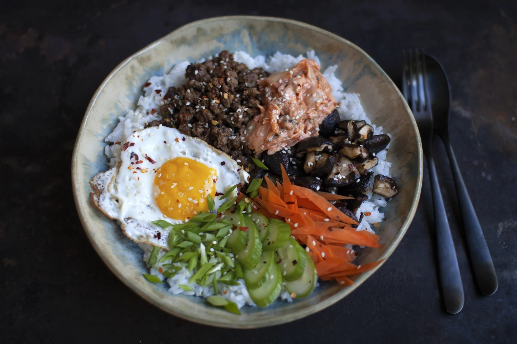 Beef Mince Bibimbap Rice Bowl with Kimchi Mayo