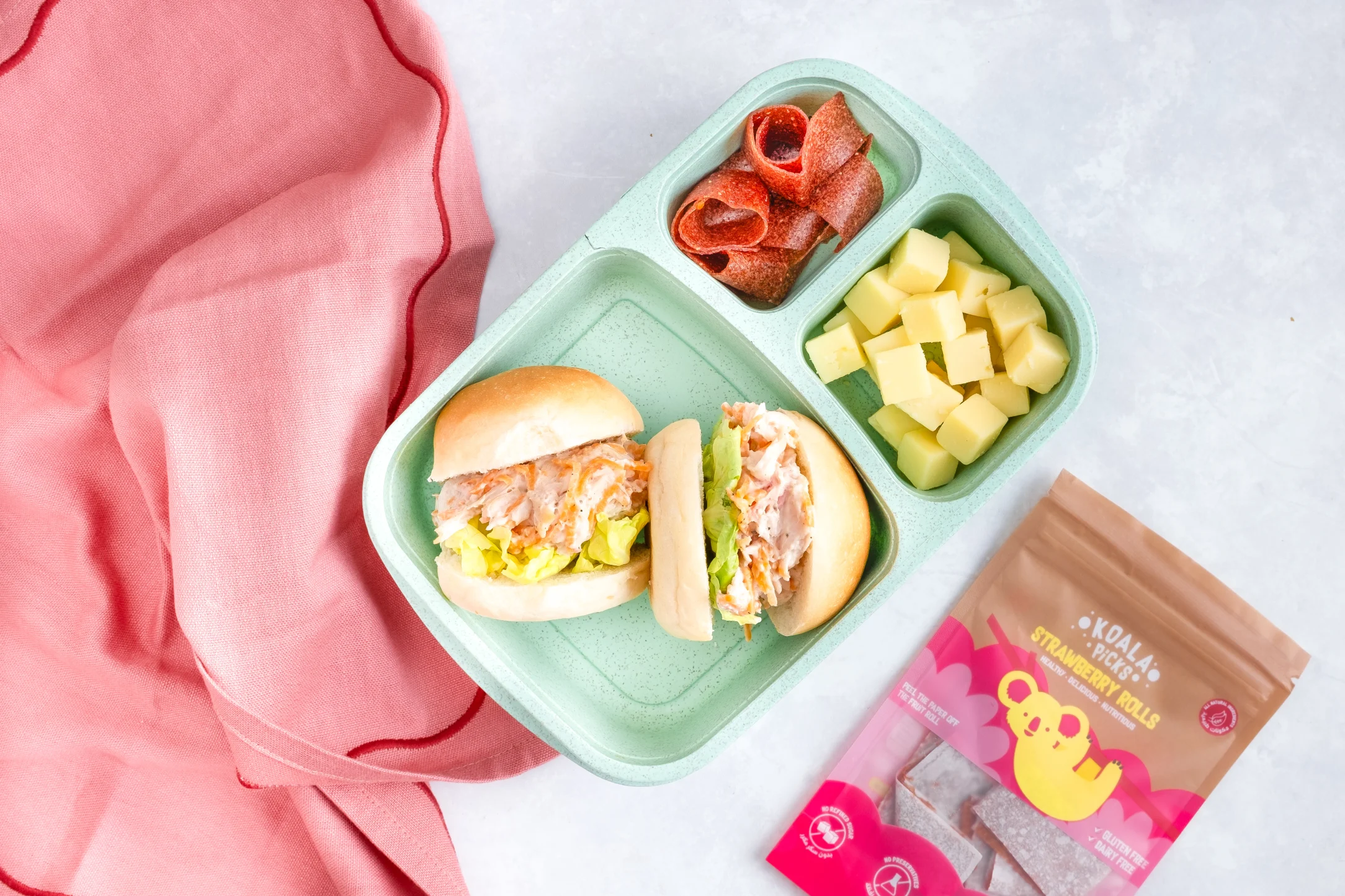 Chicken & Salad Roll with Mild Cheddar Cubes & Koala Strawberry Rolls