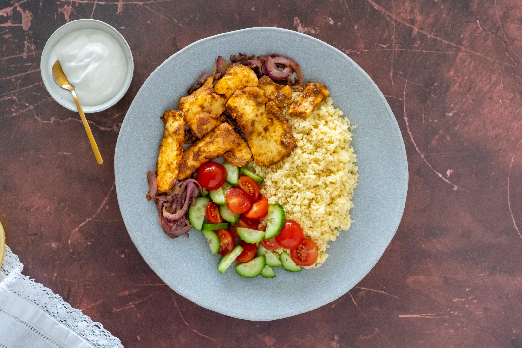 Shawarma Spiced Halloumi with Couscous and Garlic Yogurt Dip