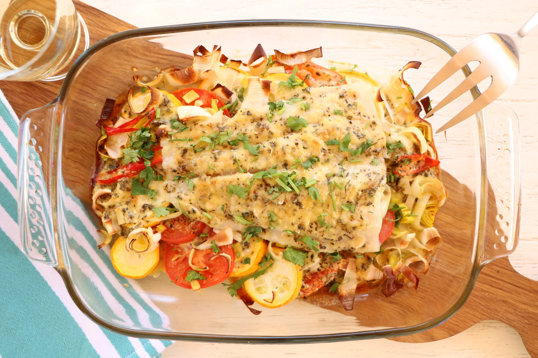 Parmesan Coated Roasted Fish with Summer Vegetables