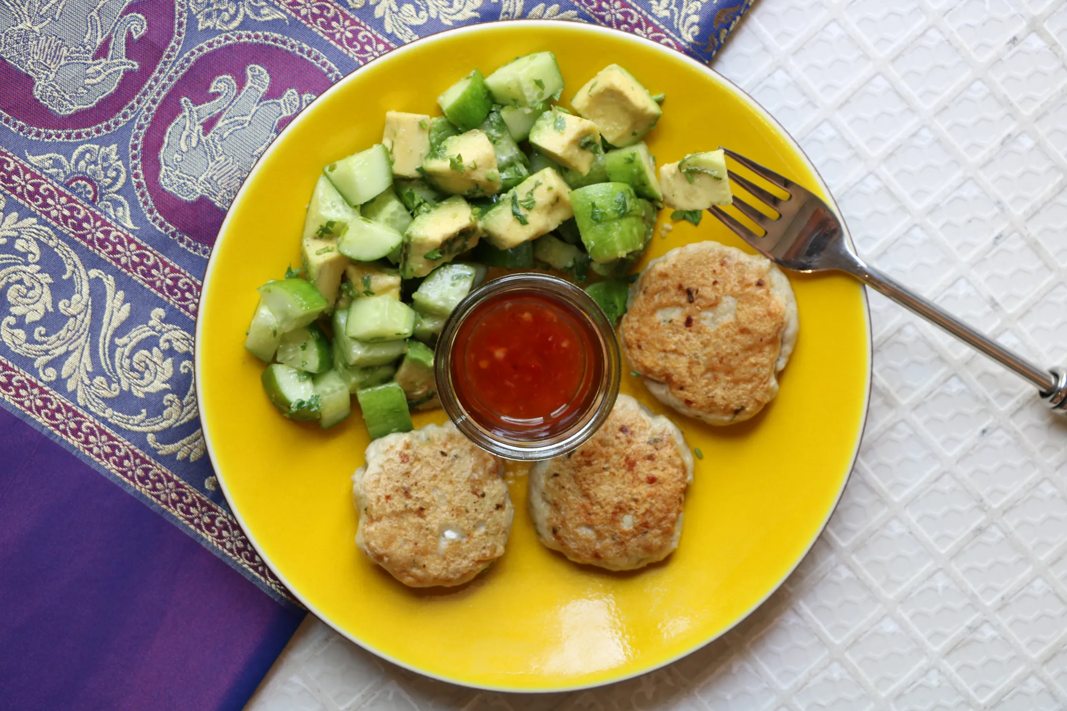 Thai Fish Cakes with Cucumber, Chilli and Avocado Salad and Sweet Chili Sauce