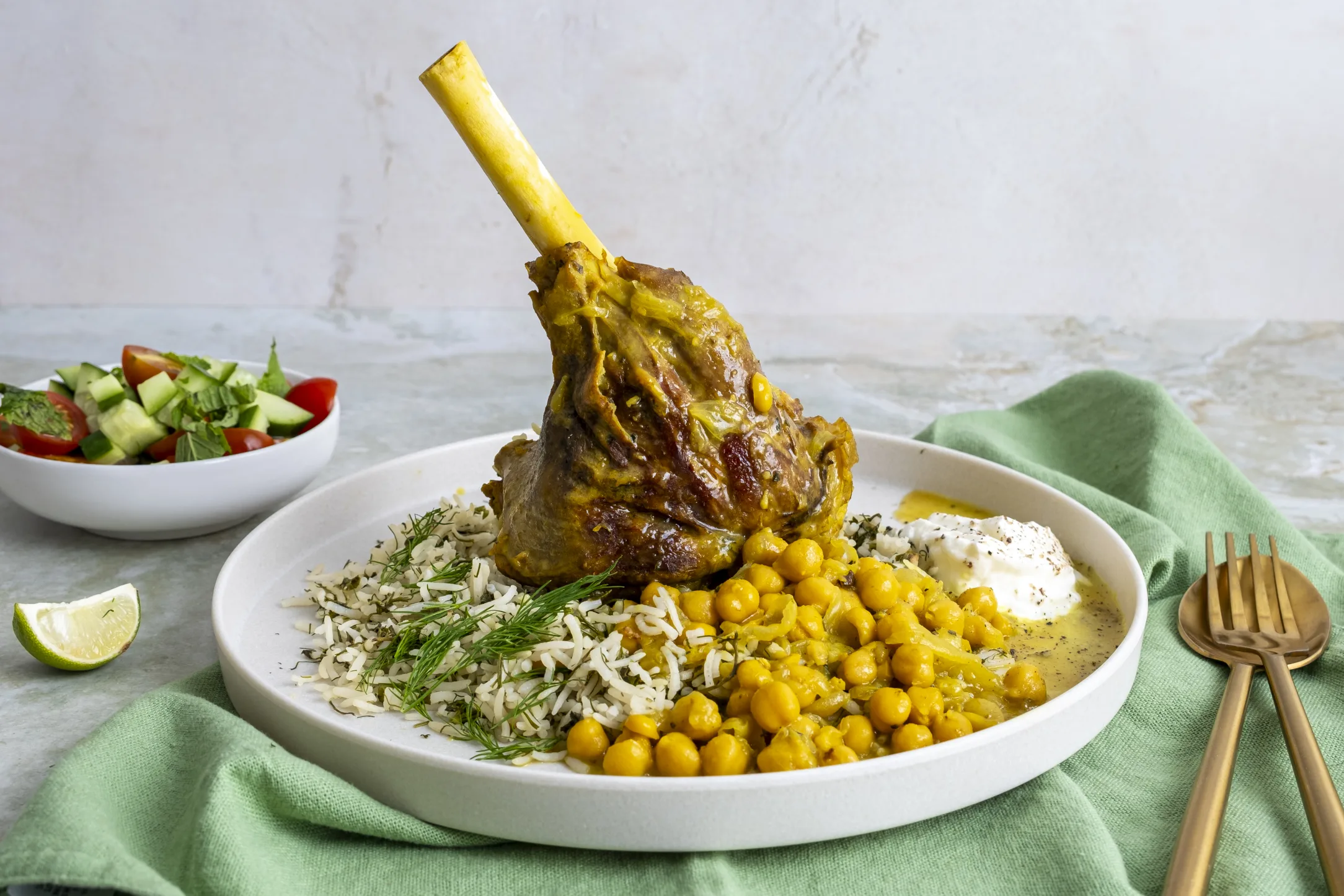 Persian Saffron Lamb Shank and Chickpea Stew with Dill Rice and Salad