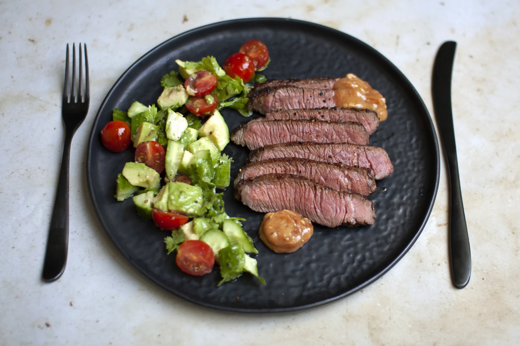 Spice Rubbed Steak with Avocado Salad and Barbecue Butter