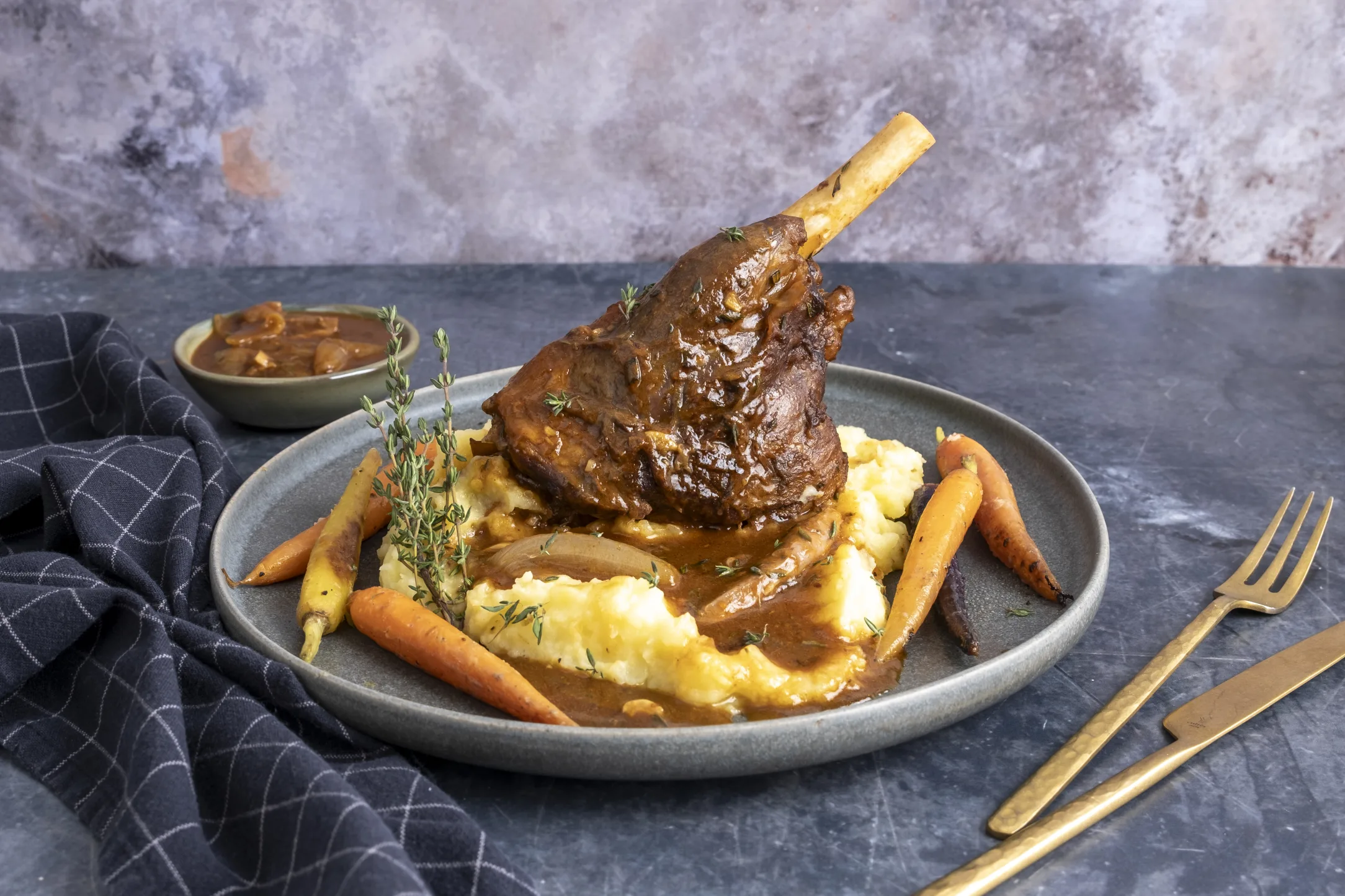 Braised Lamb Shanks with Mashed Potatoes and Rainbow Carrots