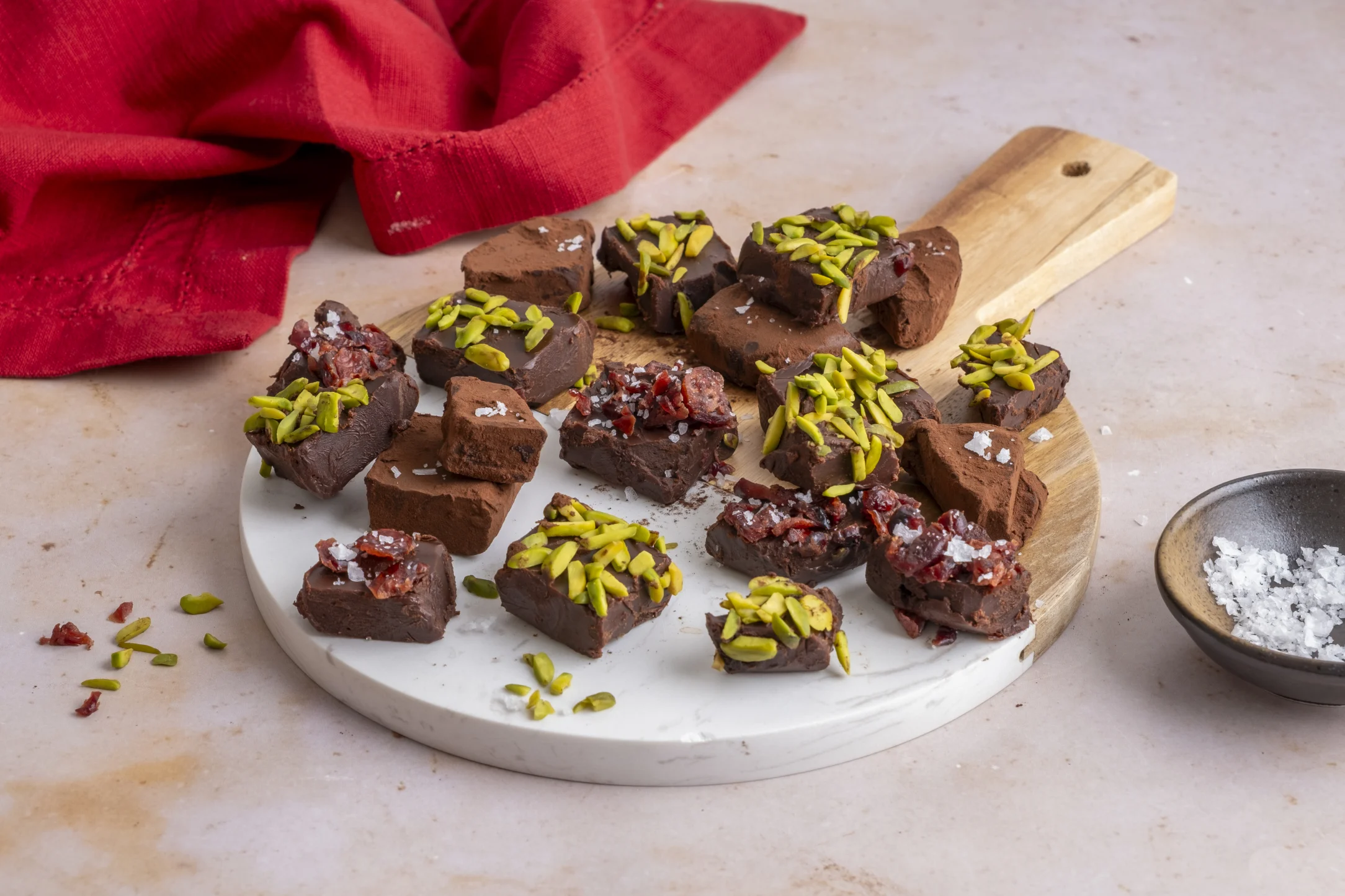 Festive Dark Chocolate Truffles with Pistachio and Cranberries
