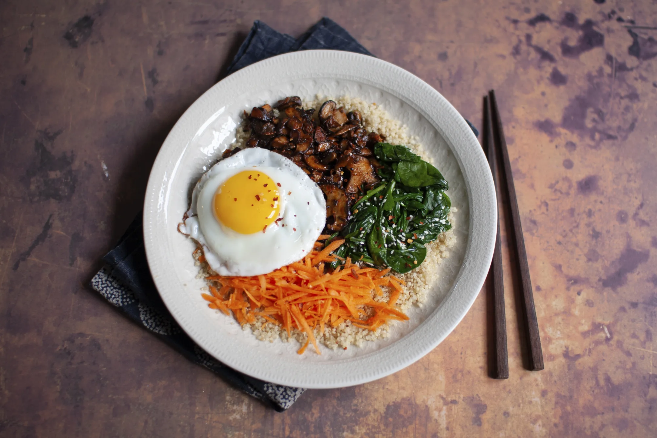 Mushroom Bibimbap Quinoa Bowl with Eggs and Spinach