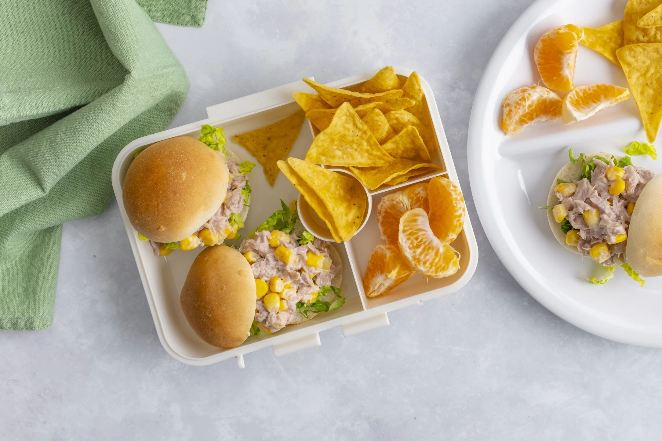 Tuna Sweetcorn Salad Sandwich with Sweet Mandarins and Corn Chips