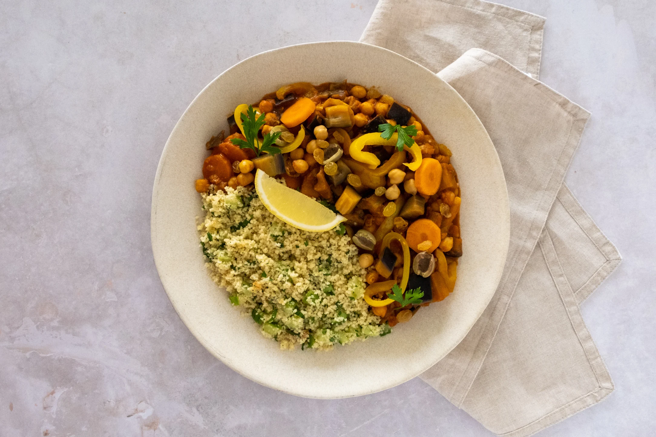 Chickpea and Eggplant Tagine with Cucumber and Parsley Couscous