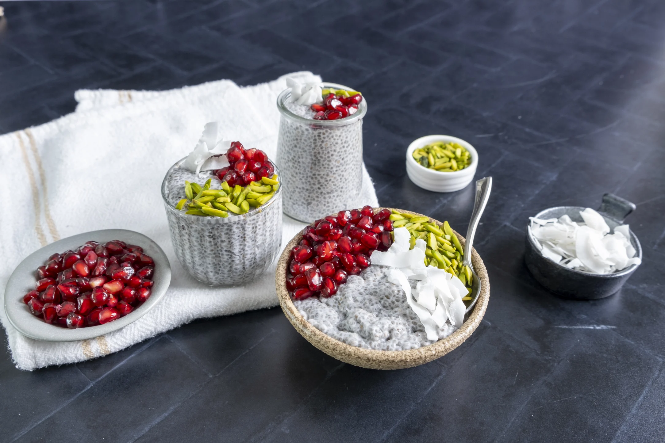 Overnight Coconut Chia Pudding with Coconut Flakes, Pistachios and Pomegranate
