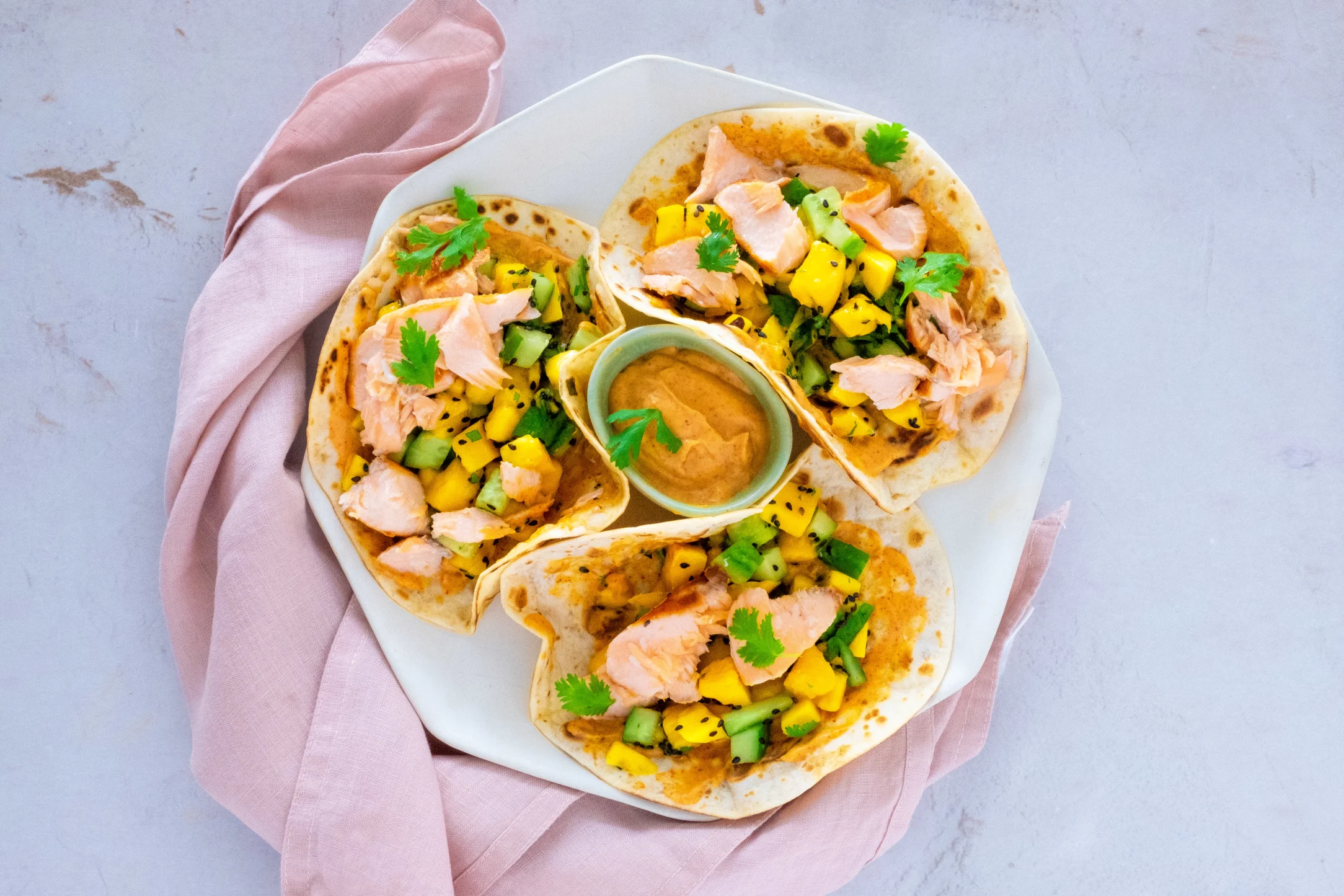Salmon Tacos with Mango Salsa and Chipotle Cream