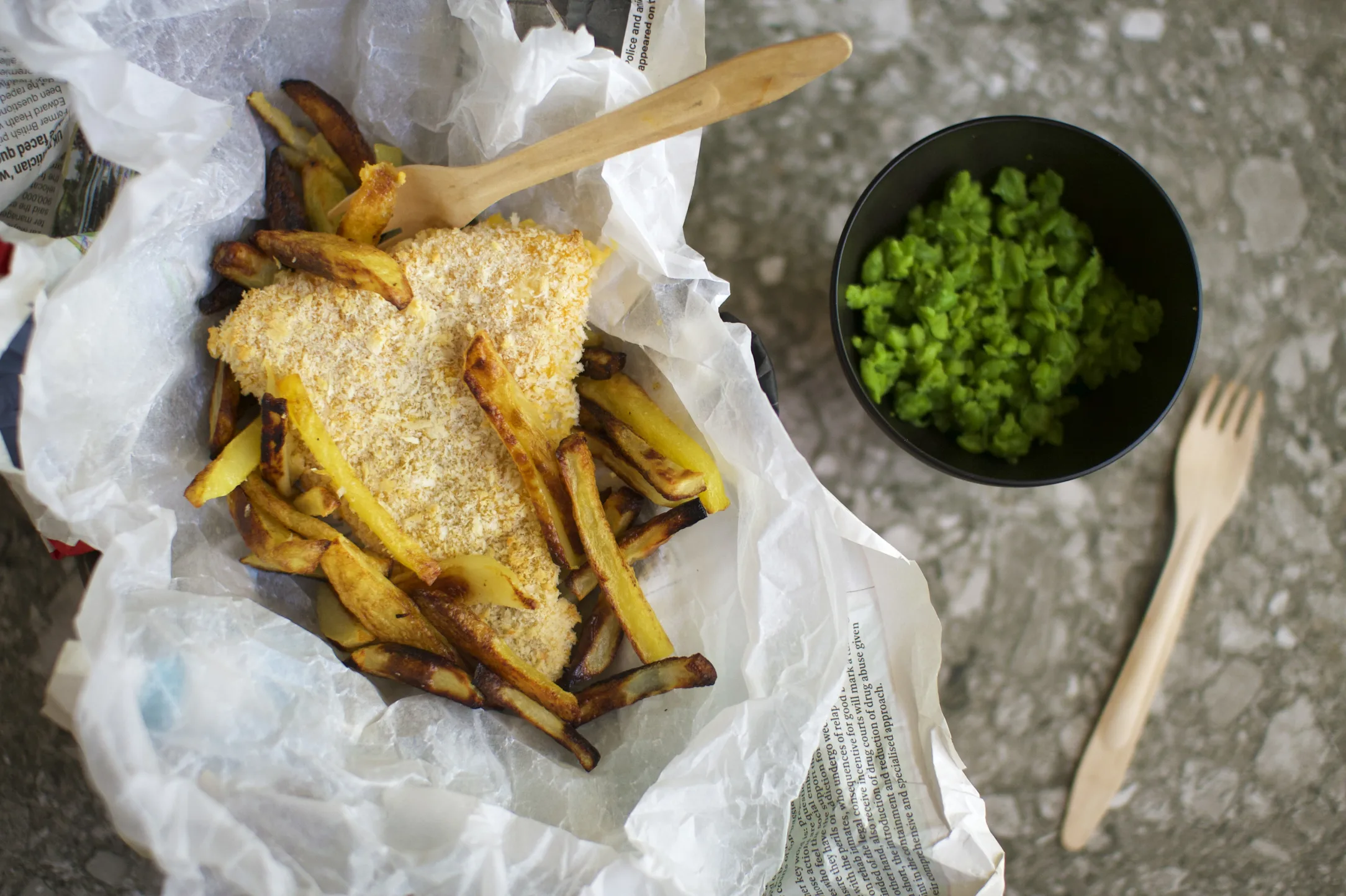Oven Baked Healthier Fish and Chips with Mushy Peas