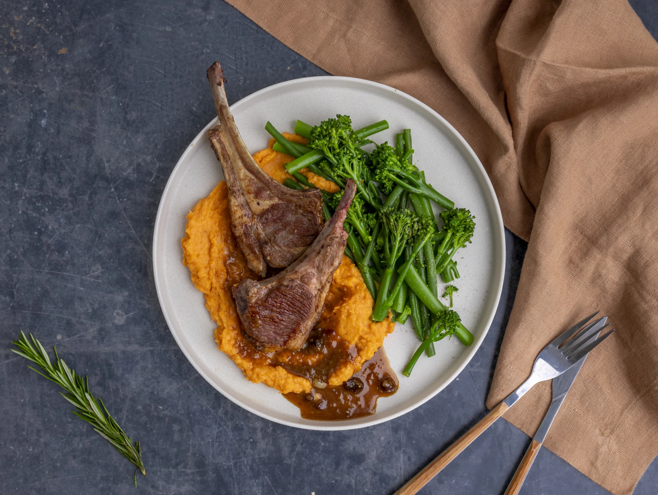 Lamb Chops in Sticky Fig Jus with Sweet Potato Mash and Greens