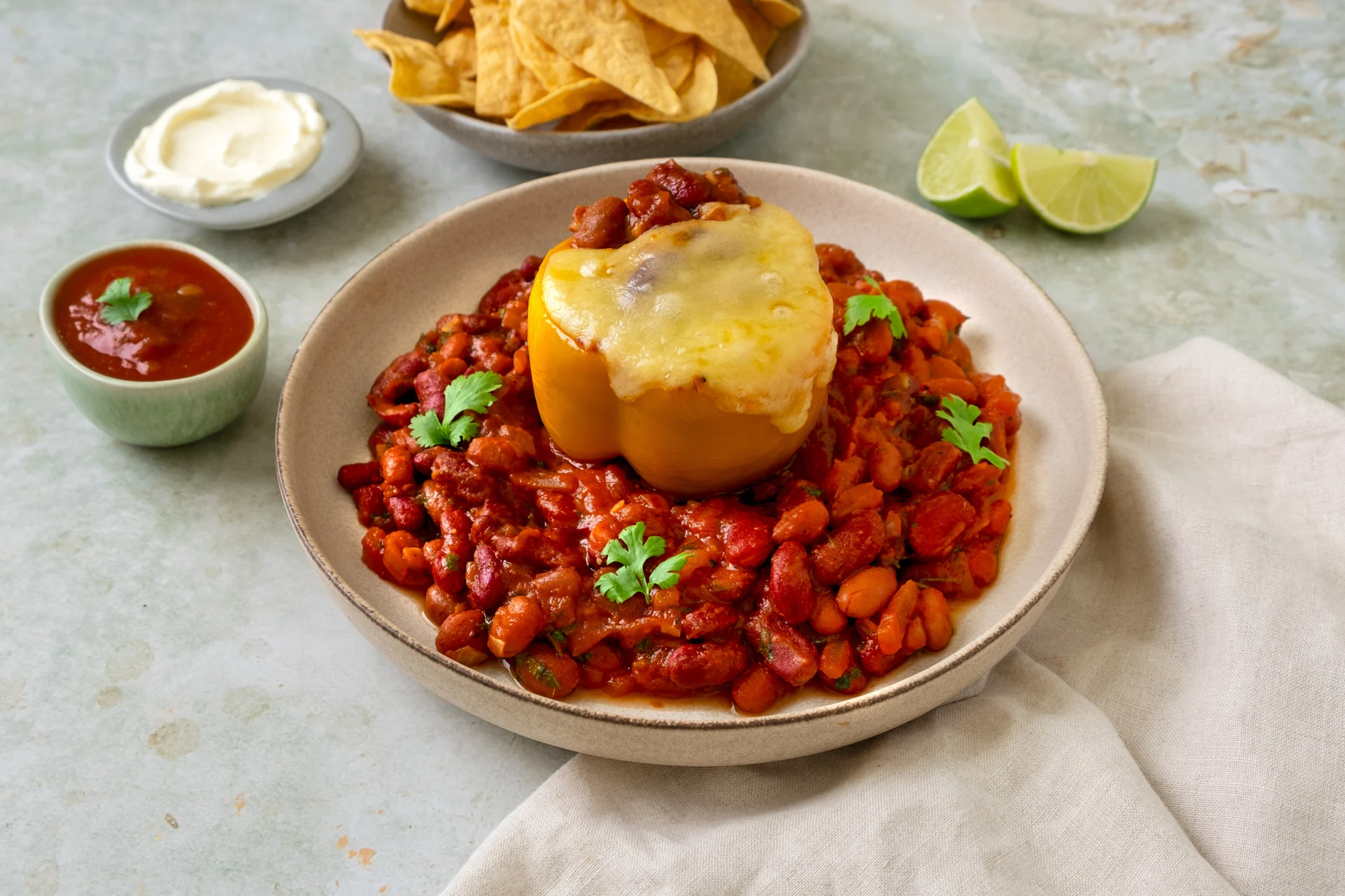 Bean Chilli Stuffed Peppers with Tortilla Chips, Salsa and Sour Cream