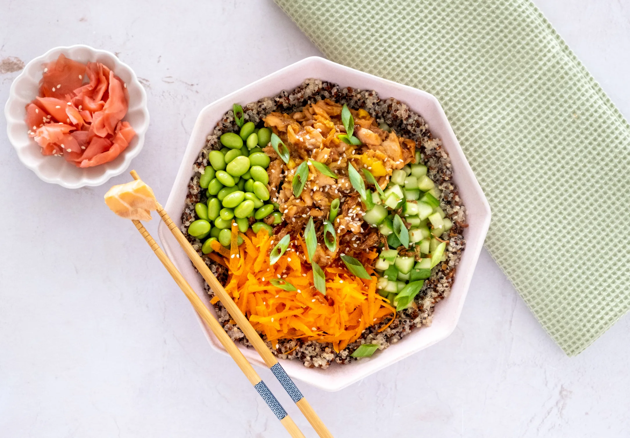 Salmon Teriyaki Bowl with Pickled Cucumber and Quinoa