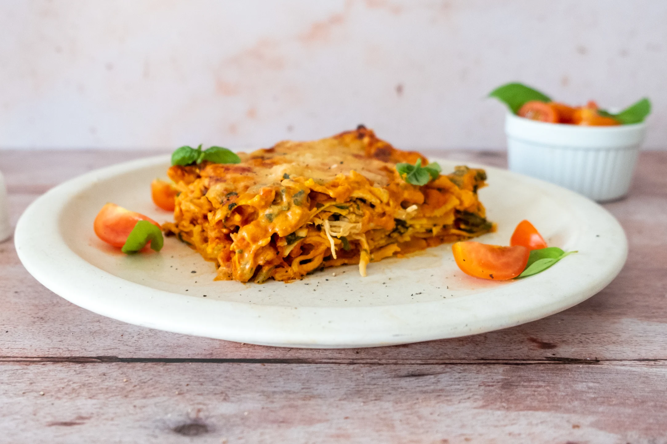 Cheesy Chicken Lasagna with Tomato and Basil Side Salad