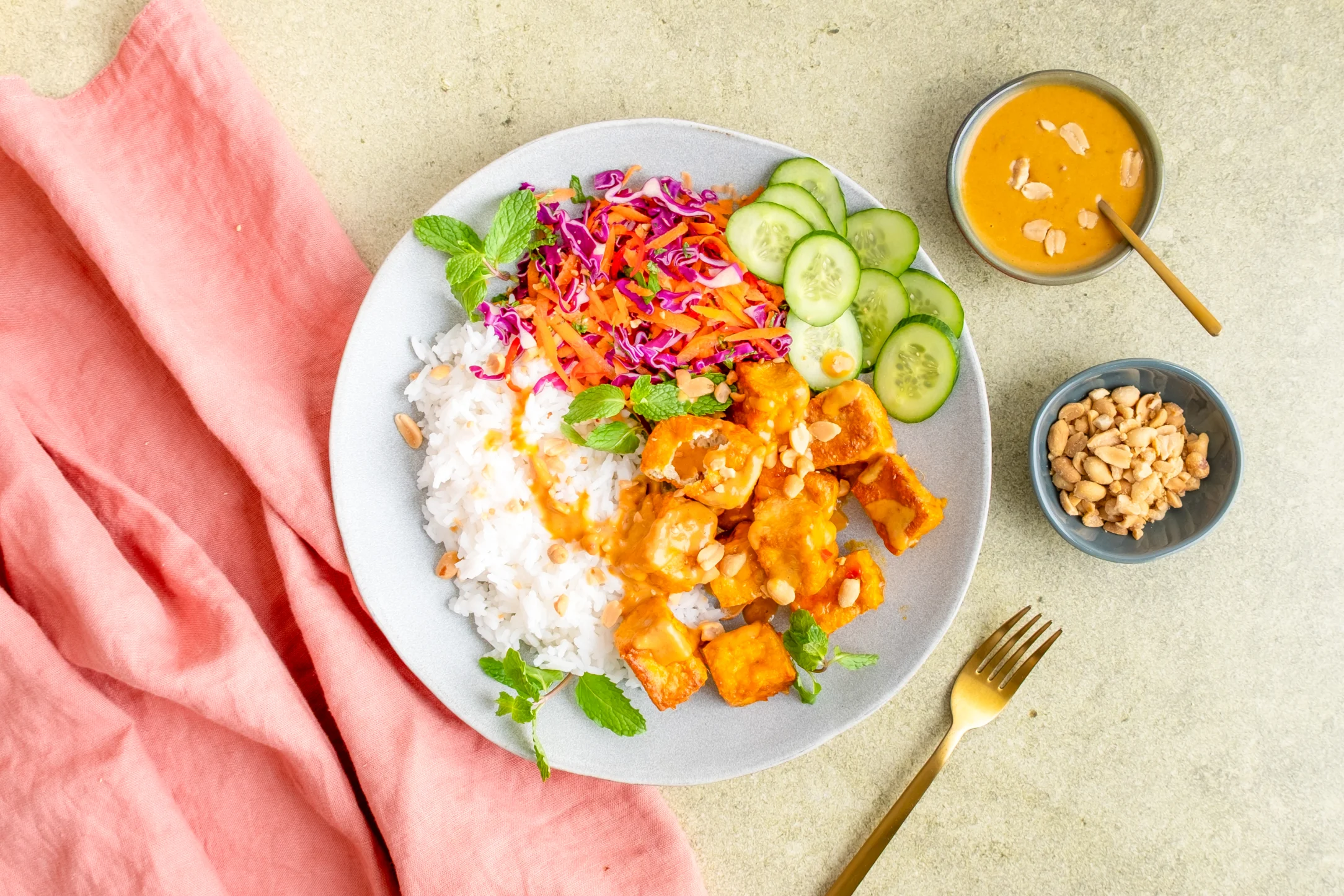 Aromatic Indonesian Crispy Fried Tofu with Creamy Peanut Dressing and Jasmine Rice