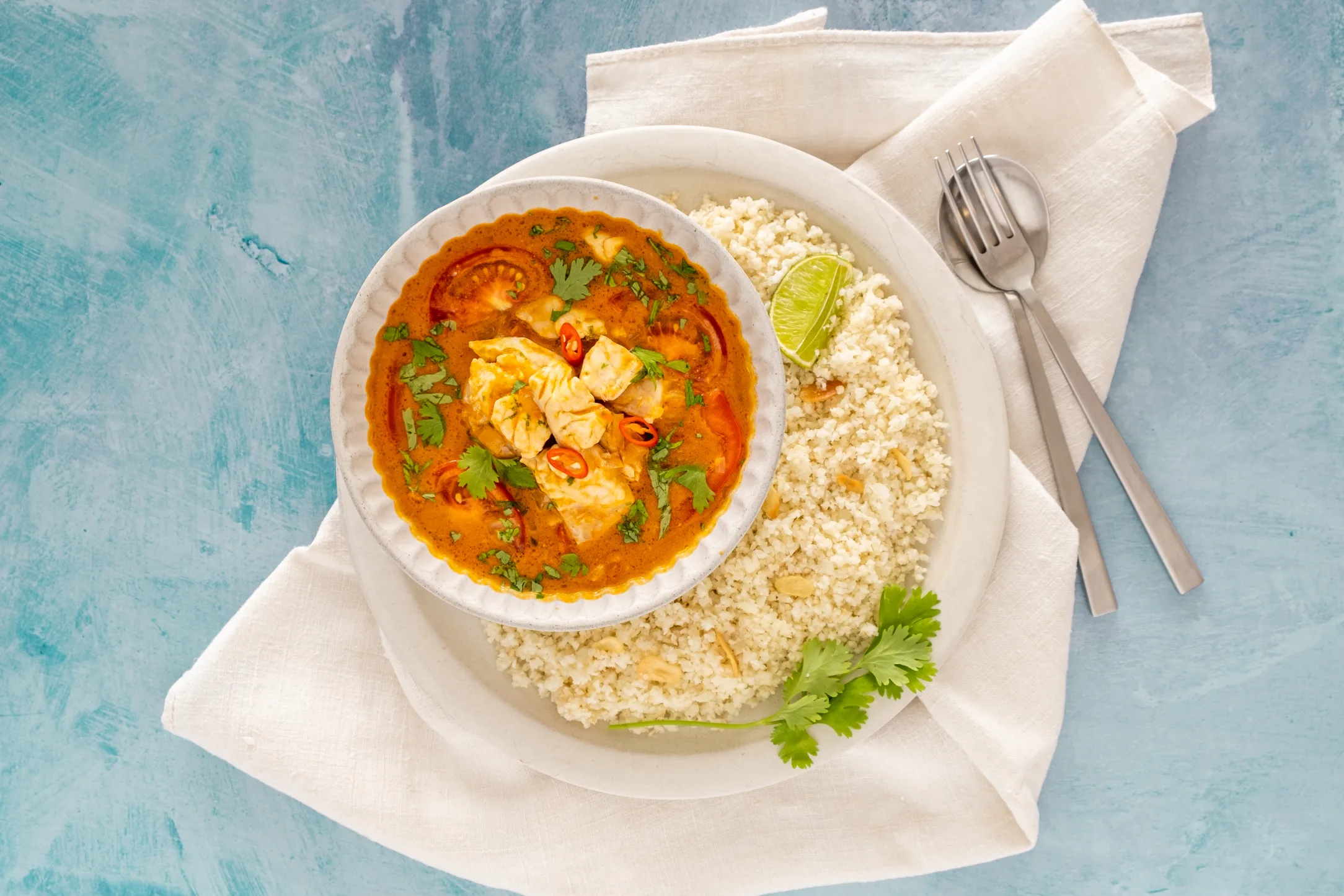 Moqueca: Brazilian Coconut Fish Stew with Garlic Cauliflower Rice