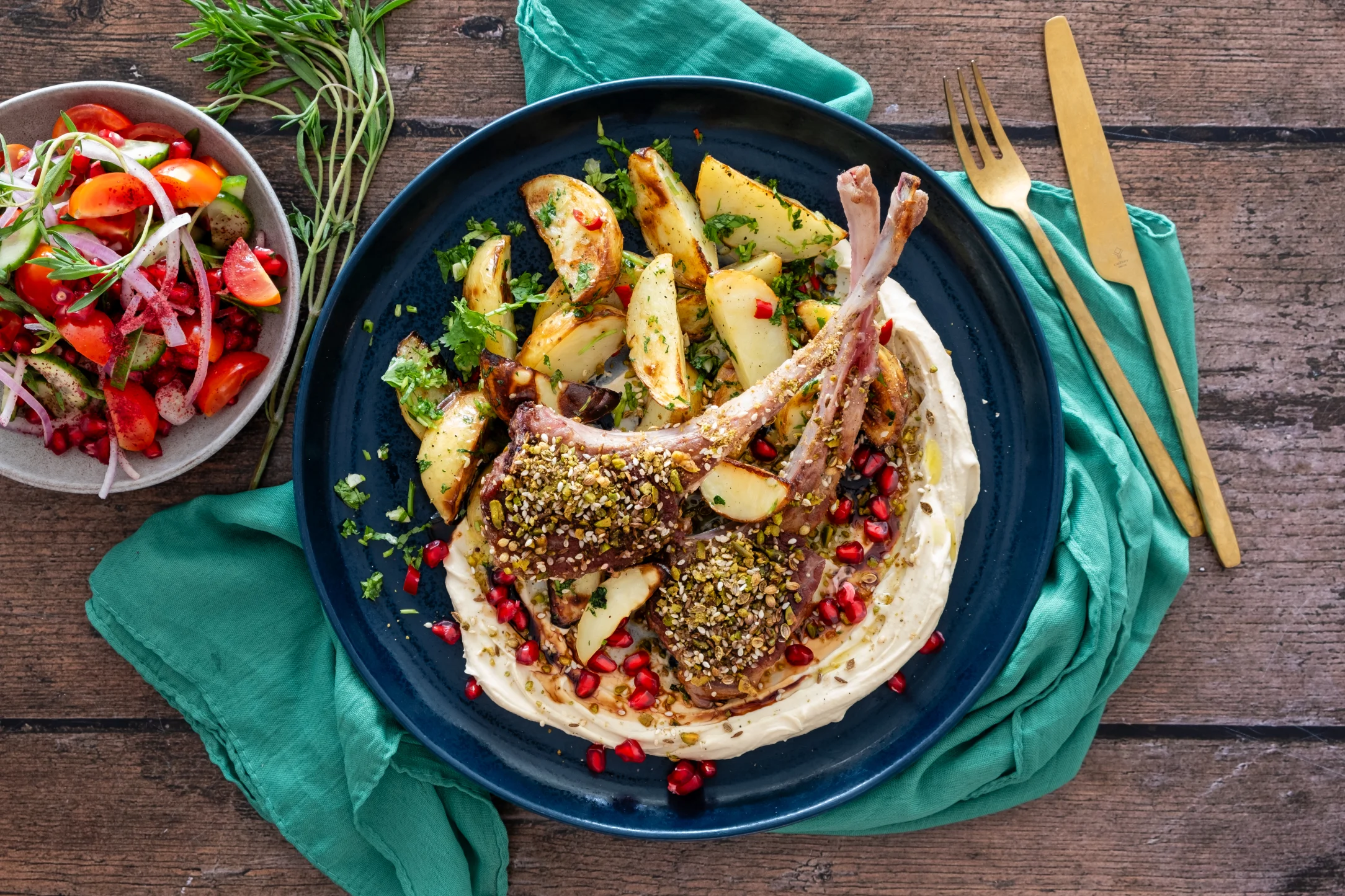 Middle-Eastern Lamb Chops with Coriander Potatoes, Jeweled Salad, and Hummus