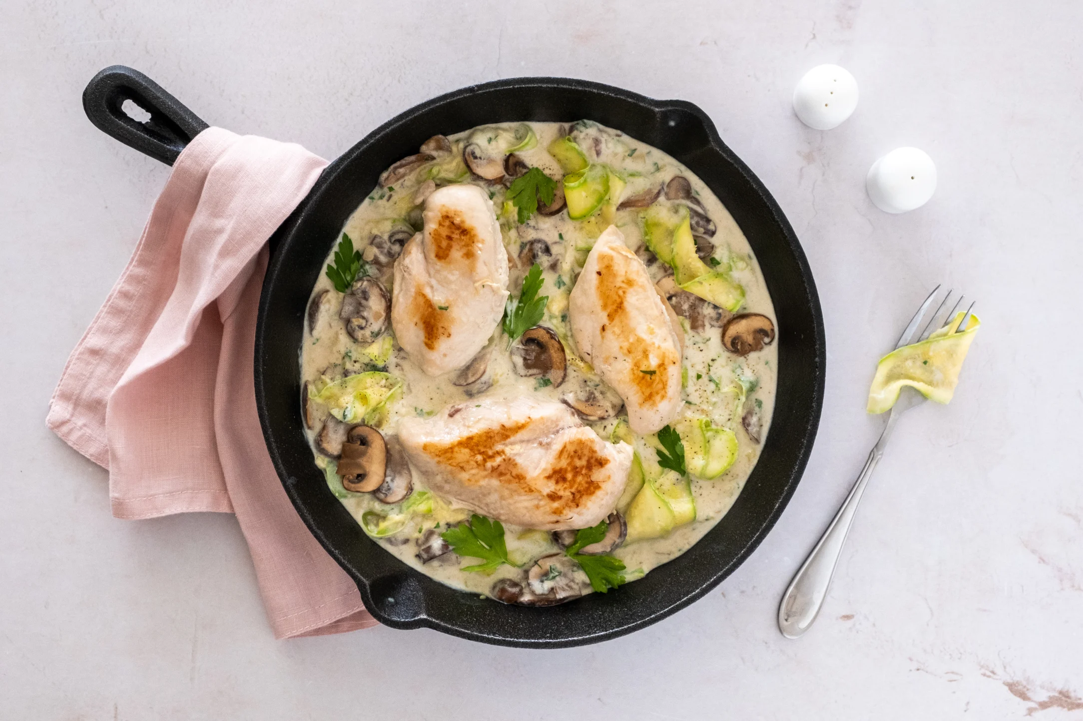 Chicken Alfredo Skillet with Mushrooms and Zucchini Ribbons