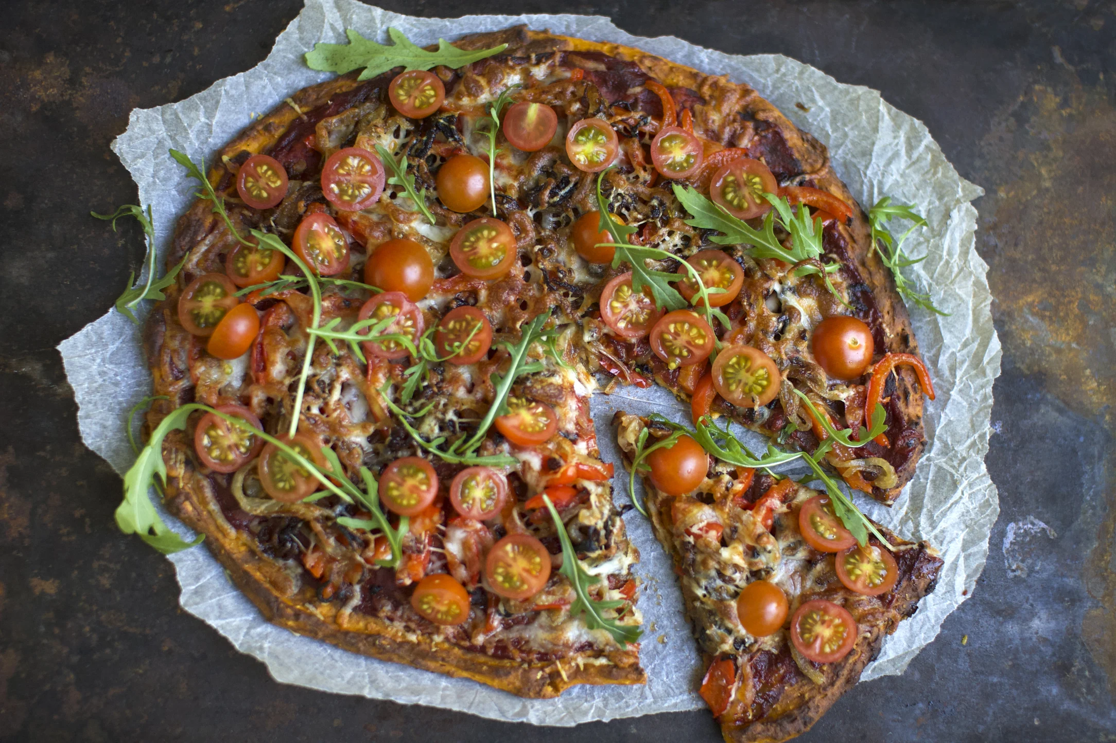 Sweet Potato Pizza with Caramelized Onion, Red Pepper and Rocket