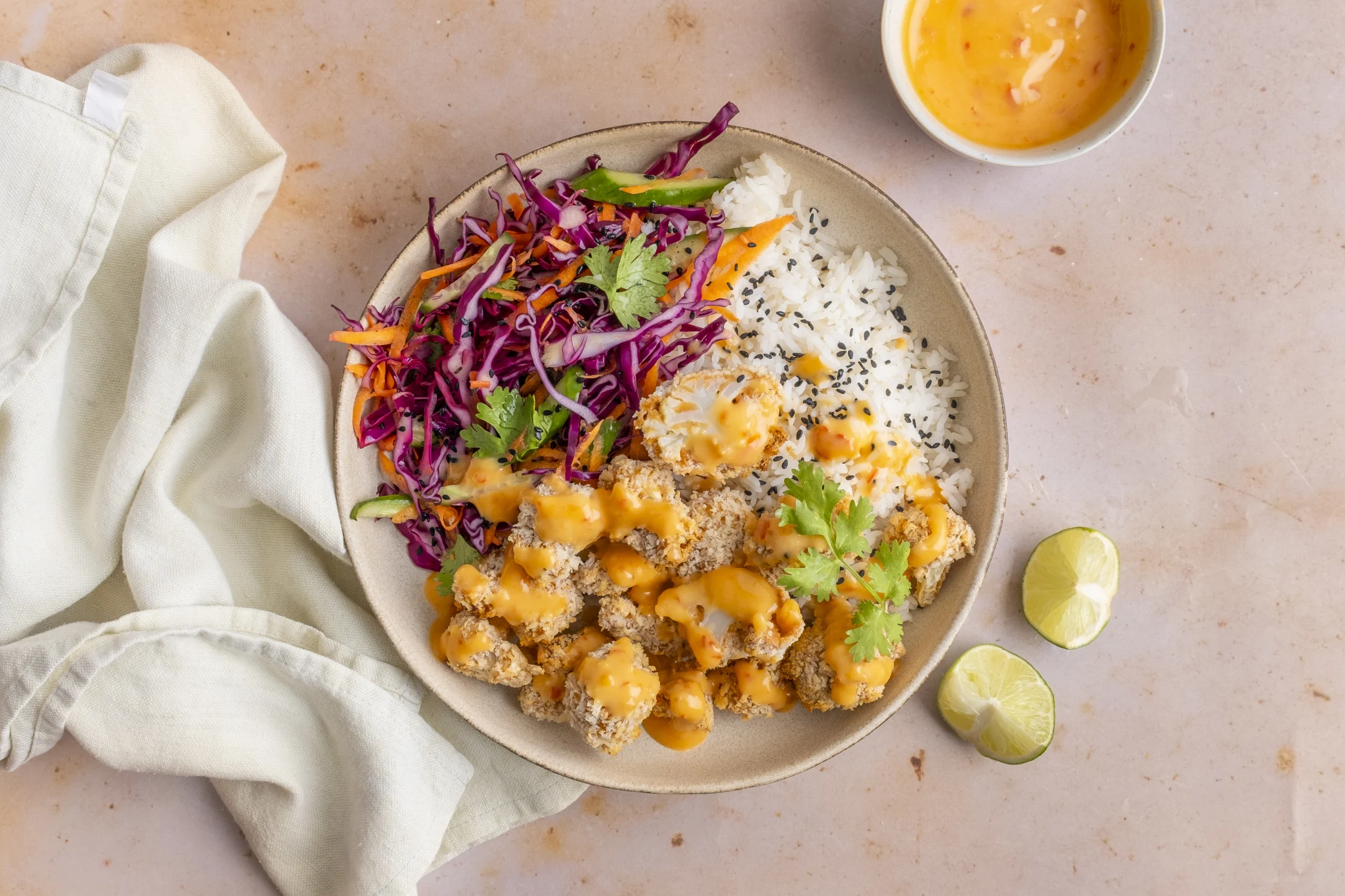 Bang Bang Cauliflower Bowl with Rice and Crunchy Slaw