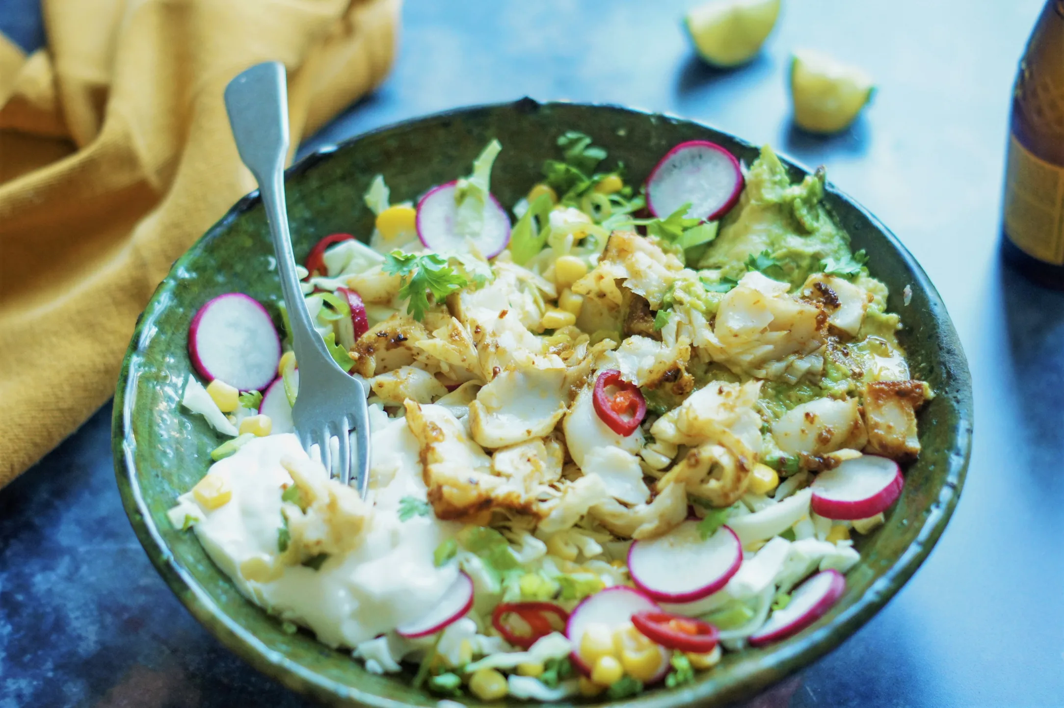 Mexican Cod and Cabbage Bowls with Smashed Avo