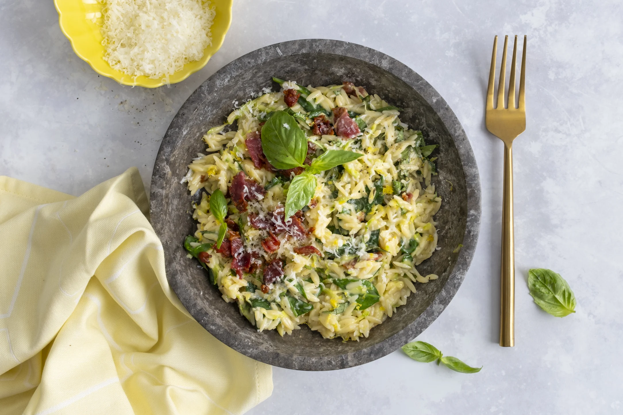 Lemony Orzo Carbonara with Zucchini, Spinach and Crispy Bacon Bits