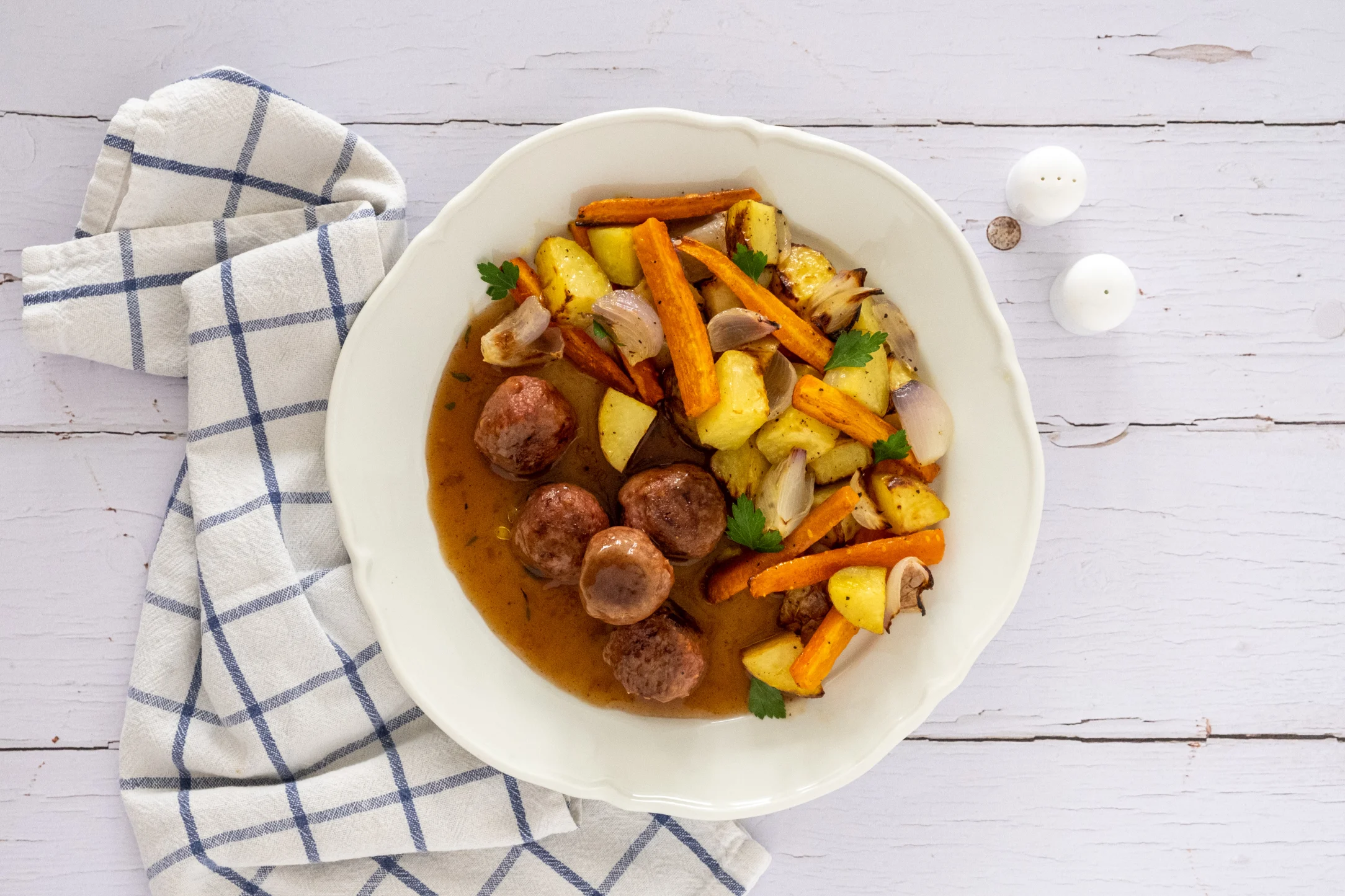 Beyond Meatballs with Thyme Gravy and Roasted Vegetables