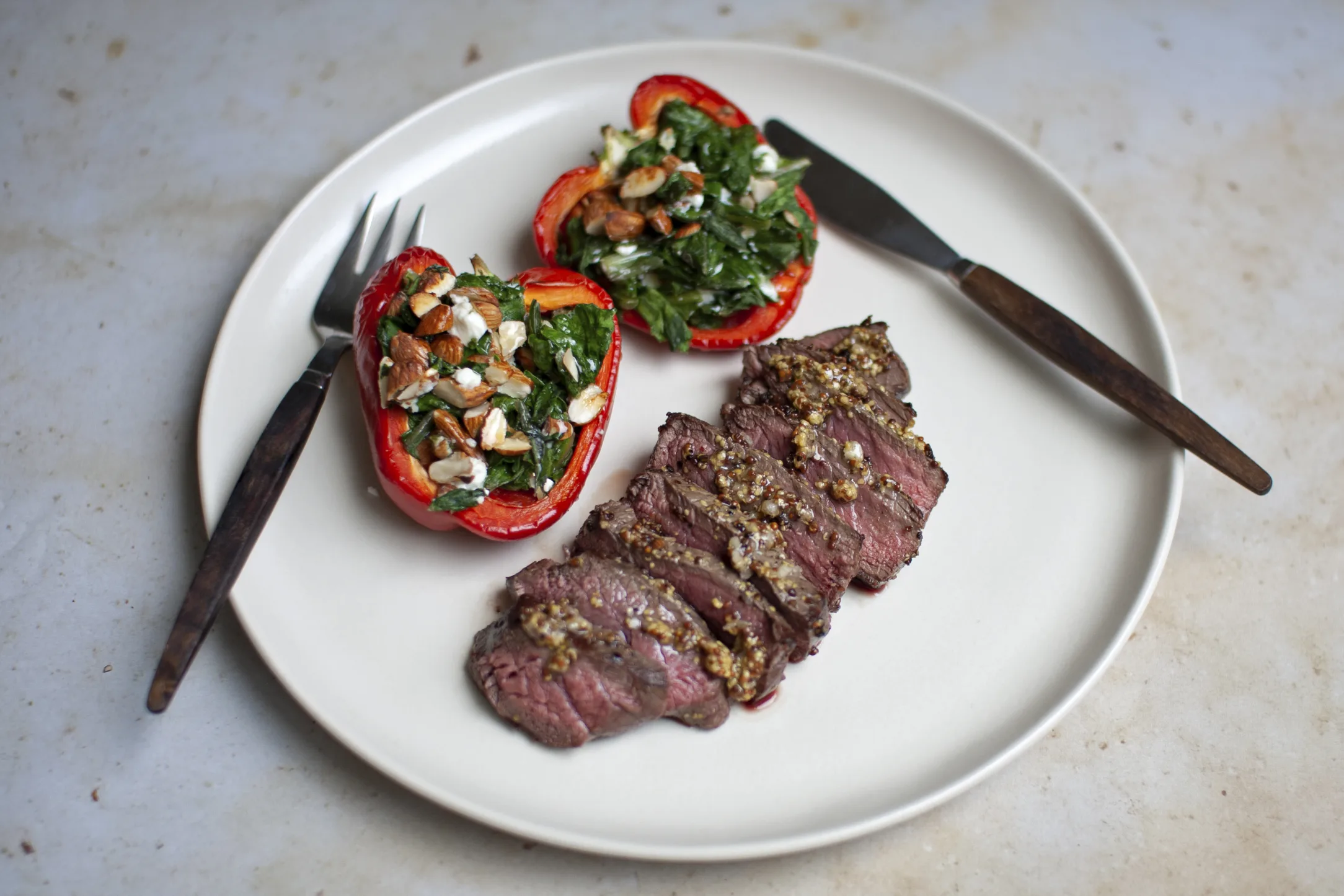 Dijon Rubbed Steak with Feta Stuffed Peppers